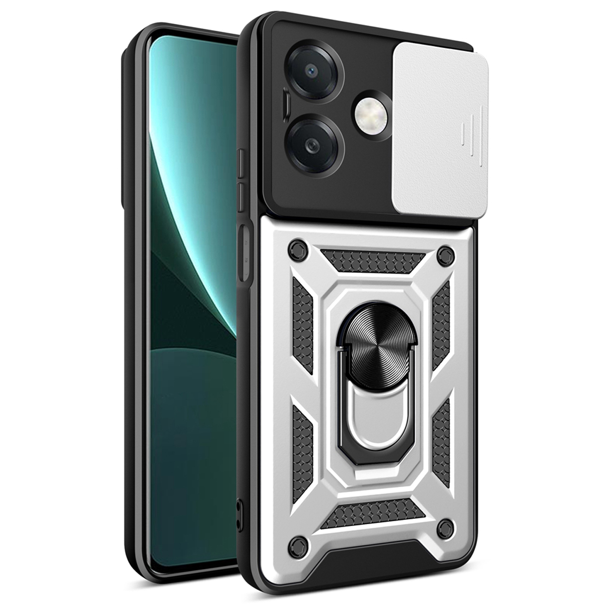 Phone case with a silver and black design. The phone is inside.
