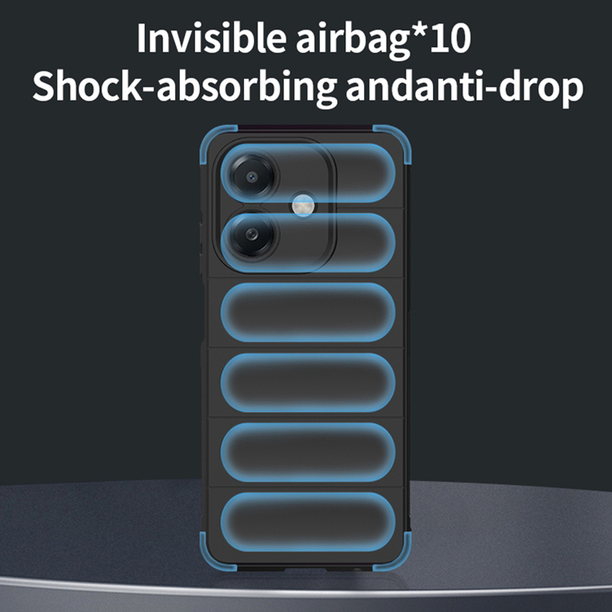 Coque de téléphone avec airbags visibles pour la protection contre les chutes et l'absorption des chocs.