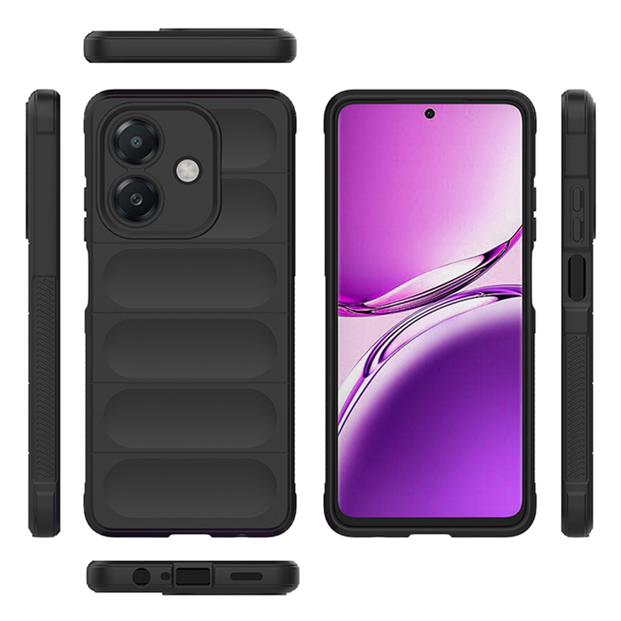 Coque de téléphone noire avec un téléphone à l'intérieur, avec plusieurs vues.
