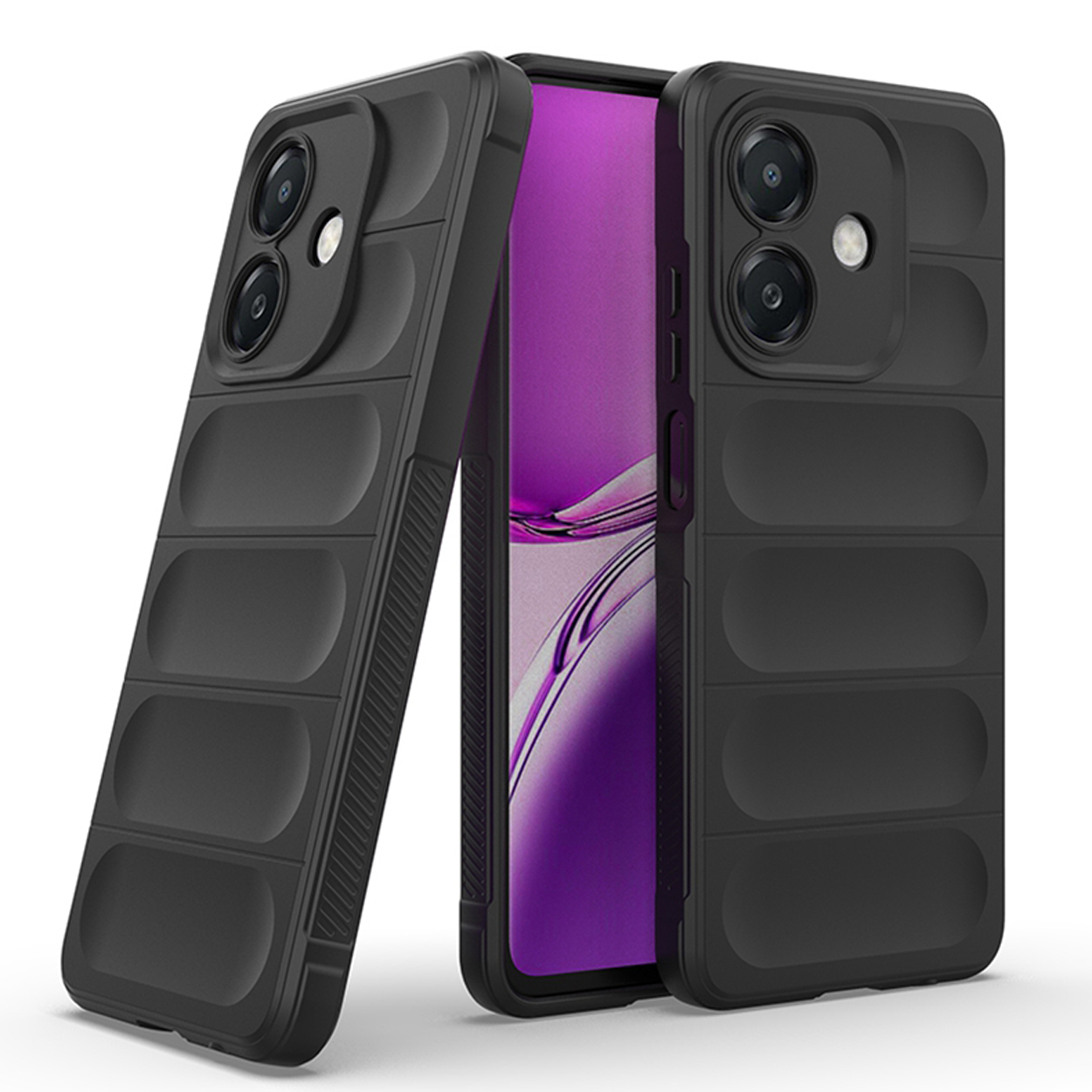 Coque de téléphone noire avec un design unique, montrant le téléphone à l'intérieur.