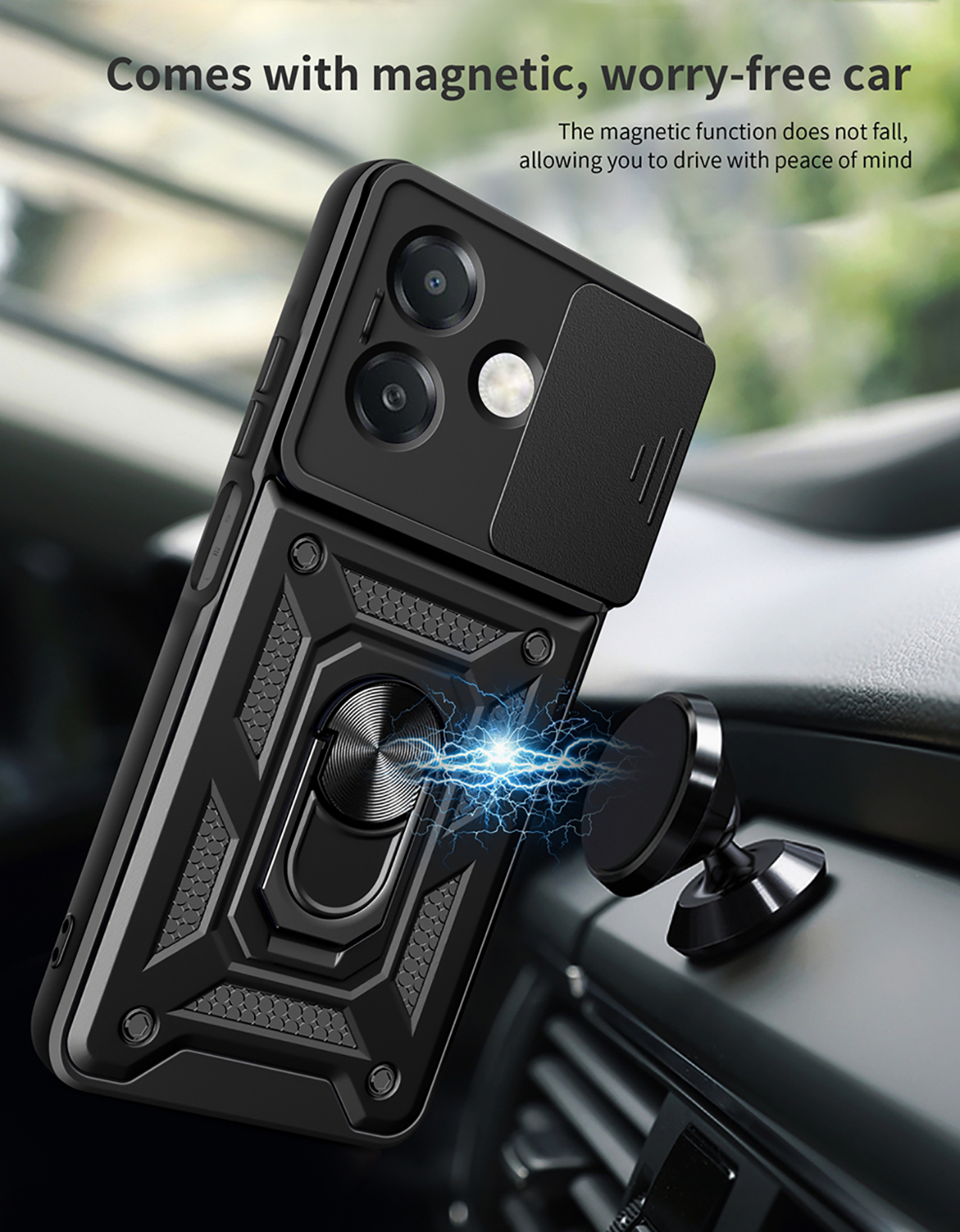 Zwarte telefoonhoes met magnetische autohouder en een schuifbare camerahoes.