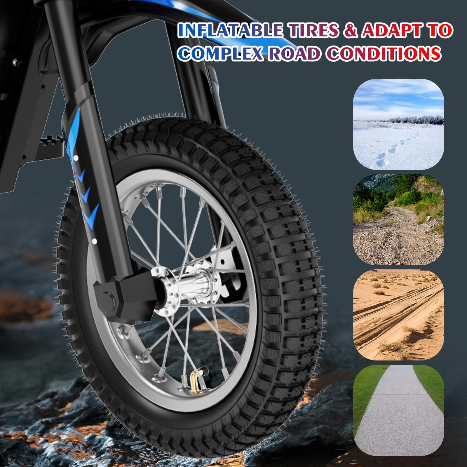 Primer plano de un neumático de motocicleta con cuatro imágenes que ilustran diversas condiciones de la carretera.