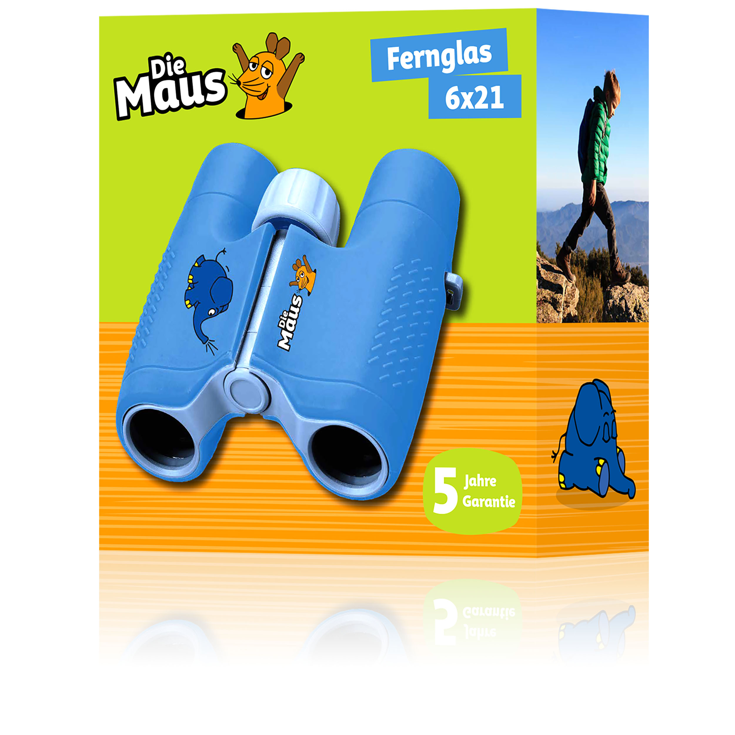Prismáticos azules con el logo Die Maus. Persona caminando en pico montañoso en el fondo.