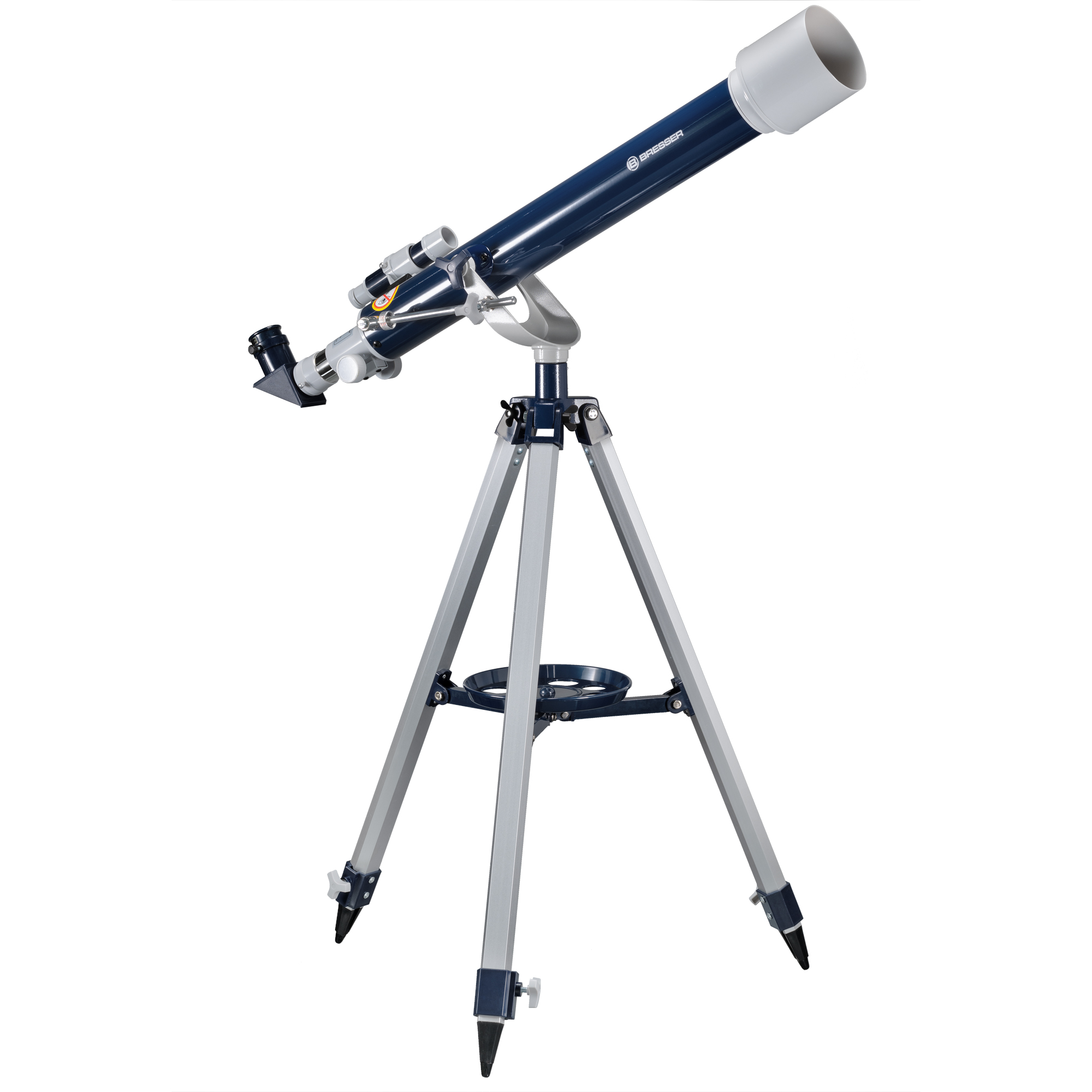 Telescopio azul con trípode sobre fondo blanco, vista aislada.