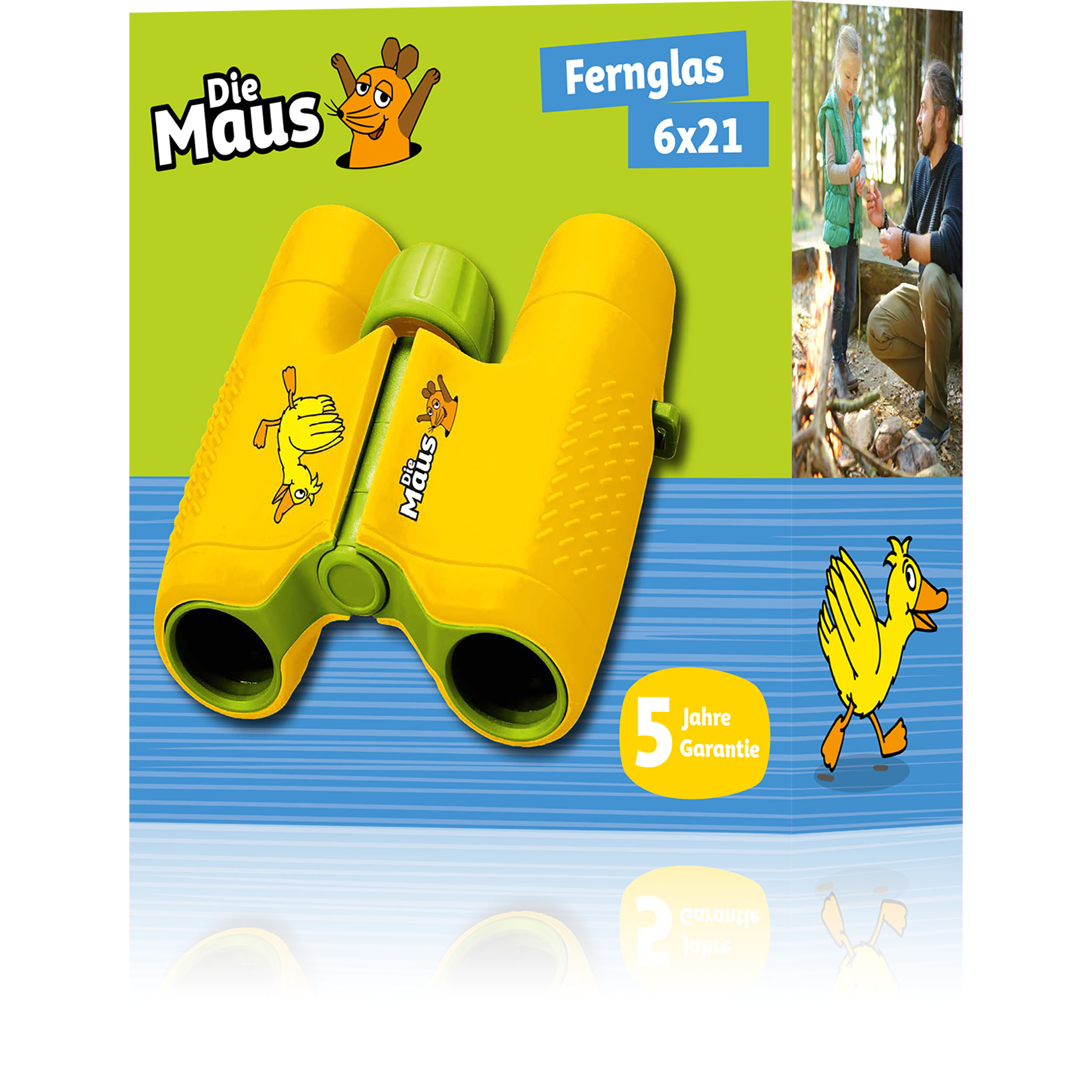 Prismáticos amarillos con el logo de Die Maus. Un hombre y un niño en el fondo.