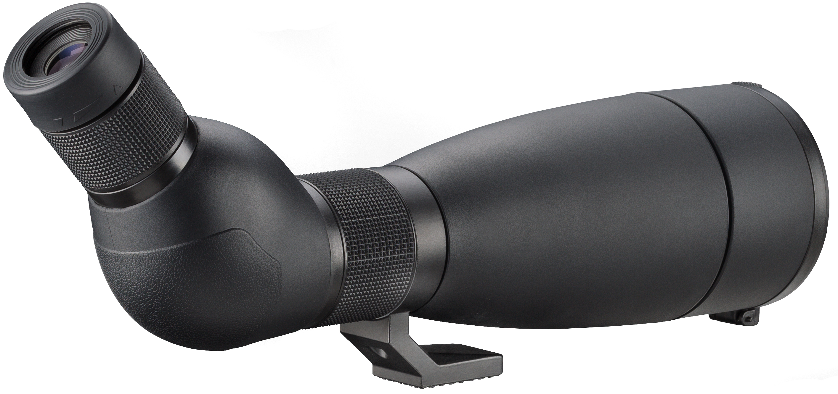 Telescopio terrestre negro. El telescopio está inclinado y tiene una lente. El fondo es blanco.