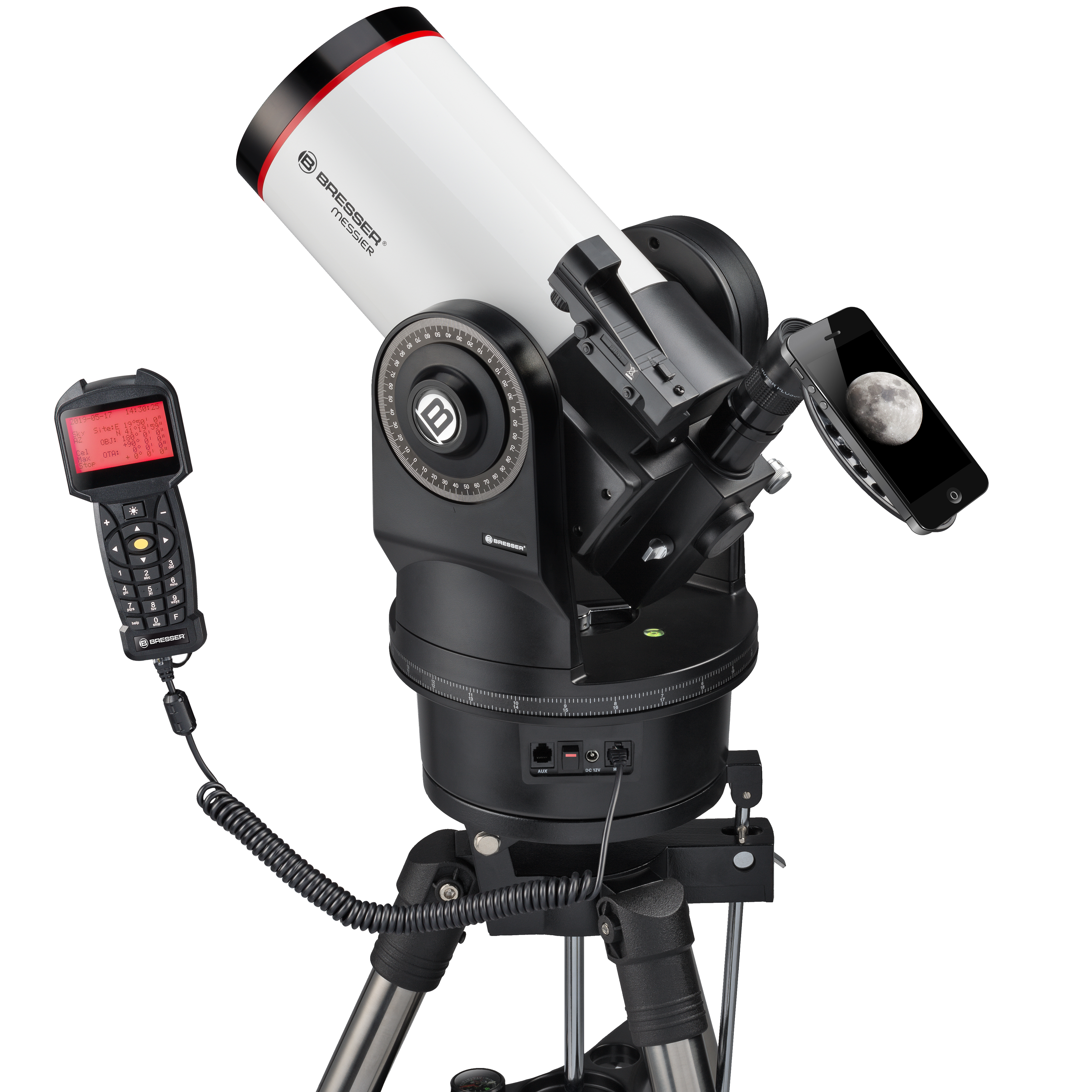 Un telescopio con un teléfono inteligente adjunto, mostrando la luna.