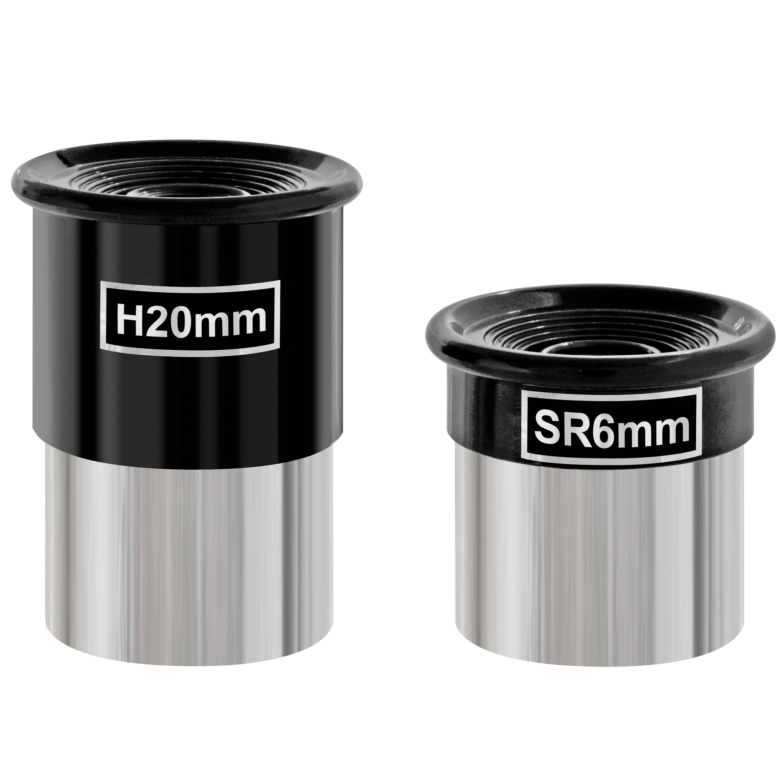 Dos oculares de telescopio negros etiquetados H20mm y SR6mm.