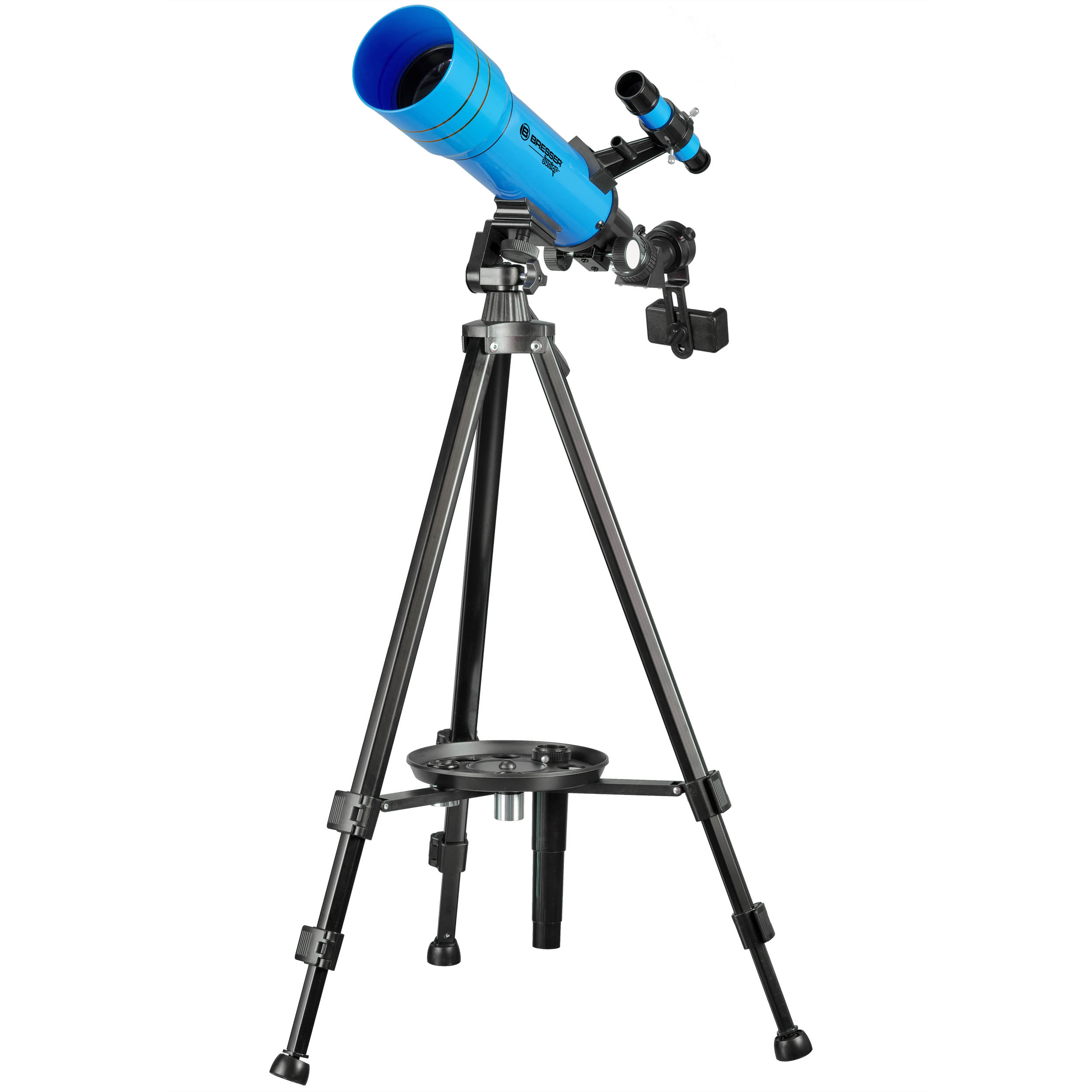 Telescopio azul sobre un trípode. El trípode es negro. Fondo blanco.