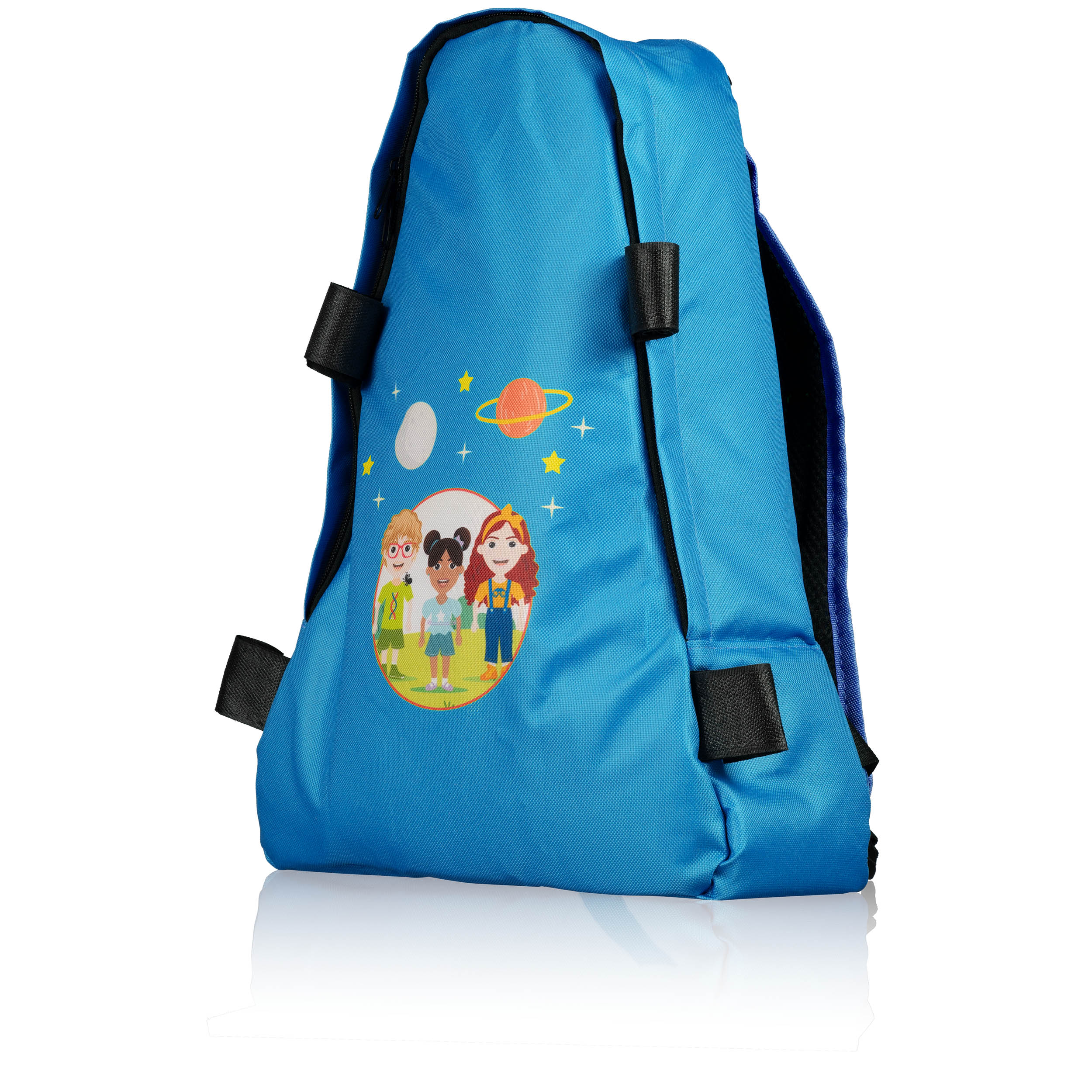 Mochila azul con una caricatura de niños, estrellas, un planeta y una luna.