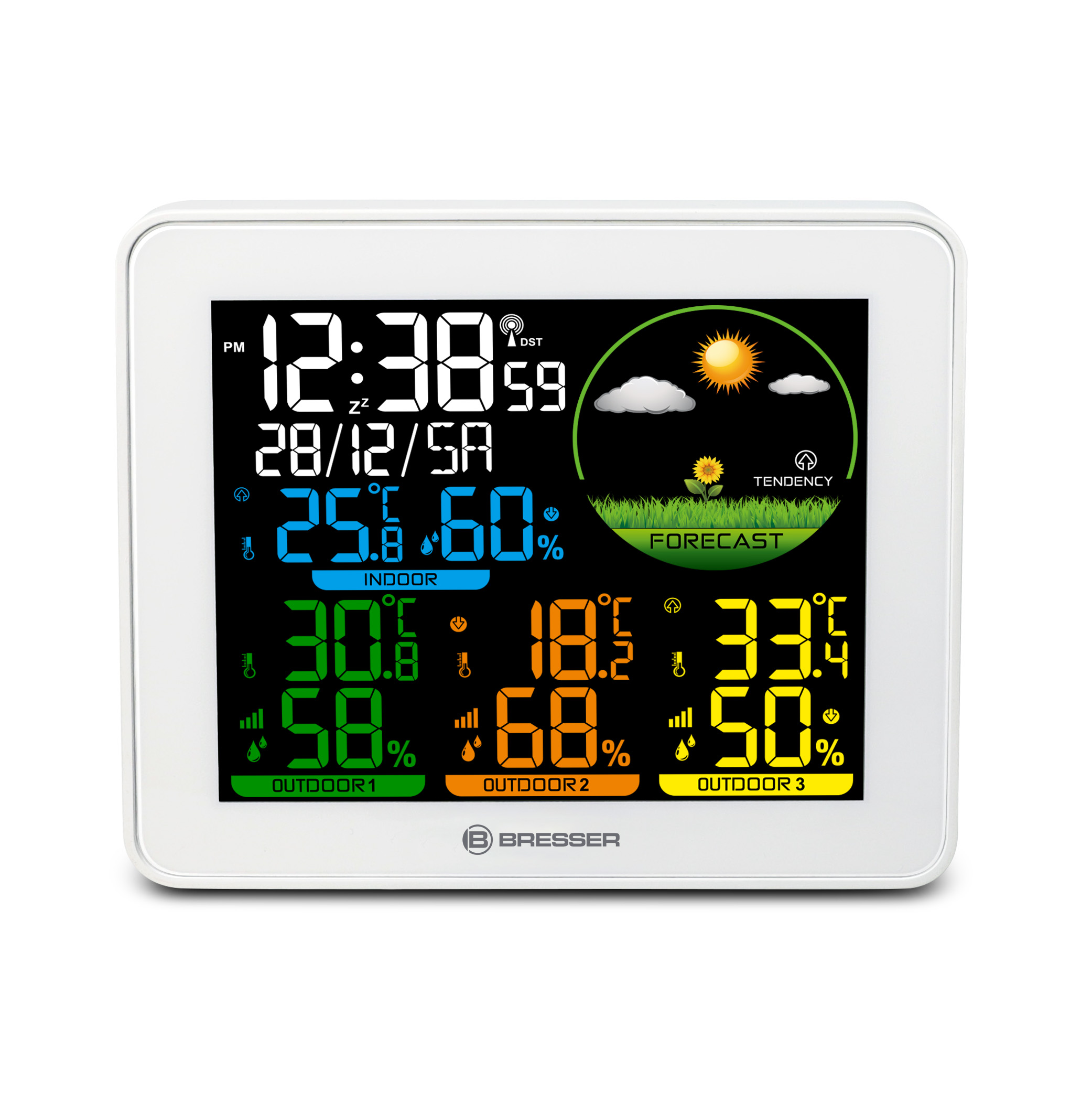 Estación meteorológica digital con hora, fecha, temperaturas interior/exterior, humedad y pronóstico en marco blanco.