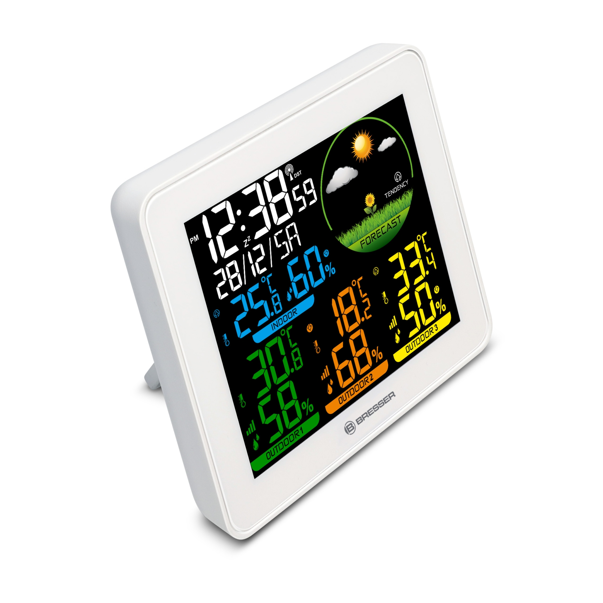 Estación meteorológica digital blanca que muestra hora, fecha, temperatura, humedad y pronóstico del tiempo.