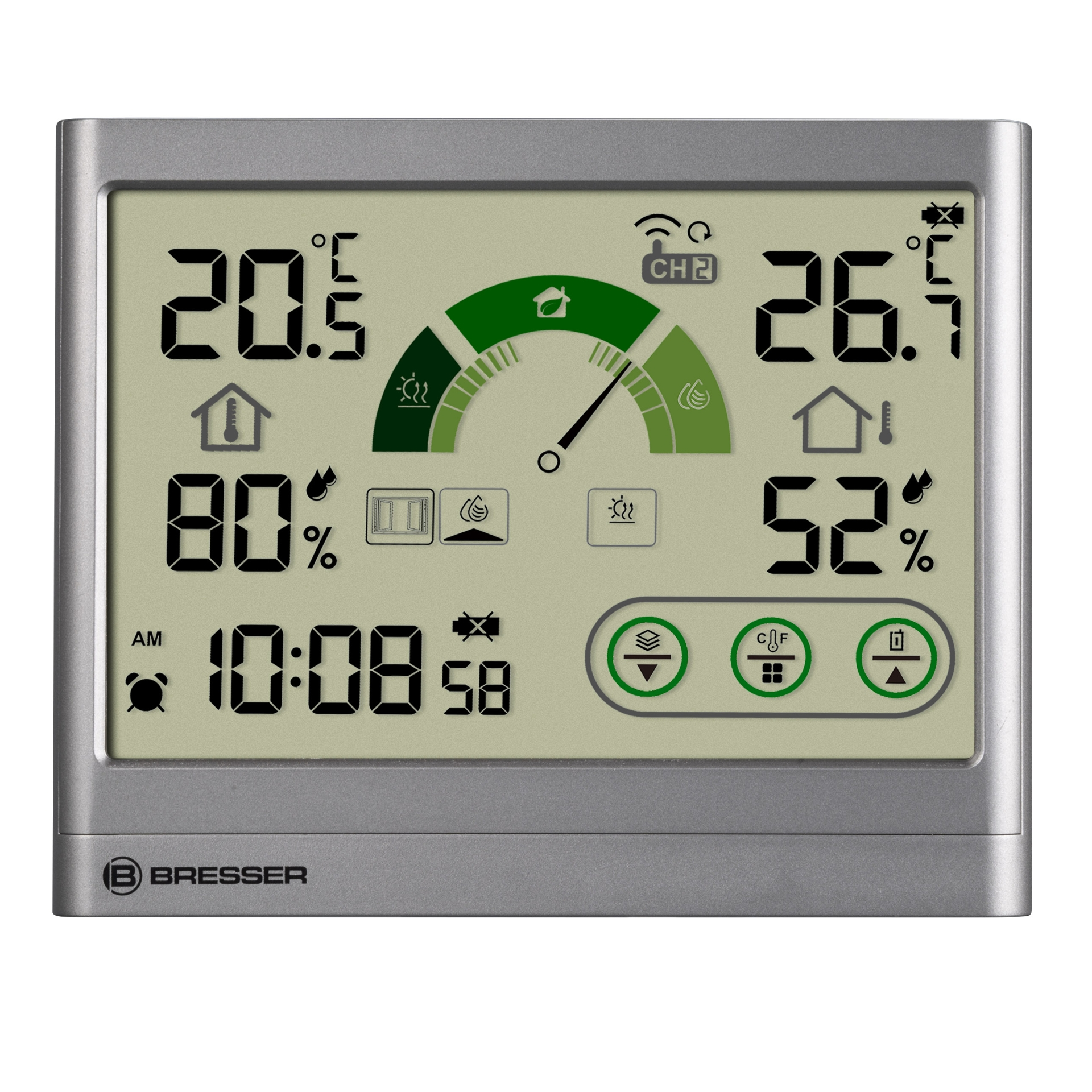 Una estación meteorológica digital que muestra información de temperatura, humedad y hora.