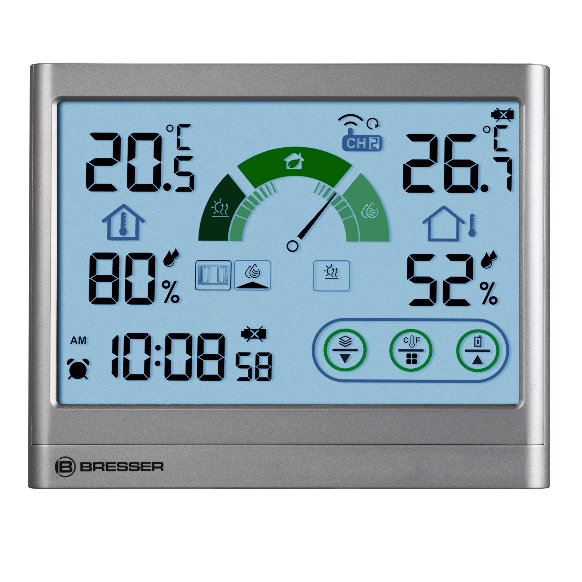 Estación meteorológica digital que muestra temperatura, humedad y hora, rodeada de iconos.