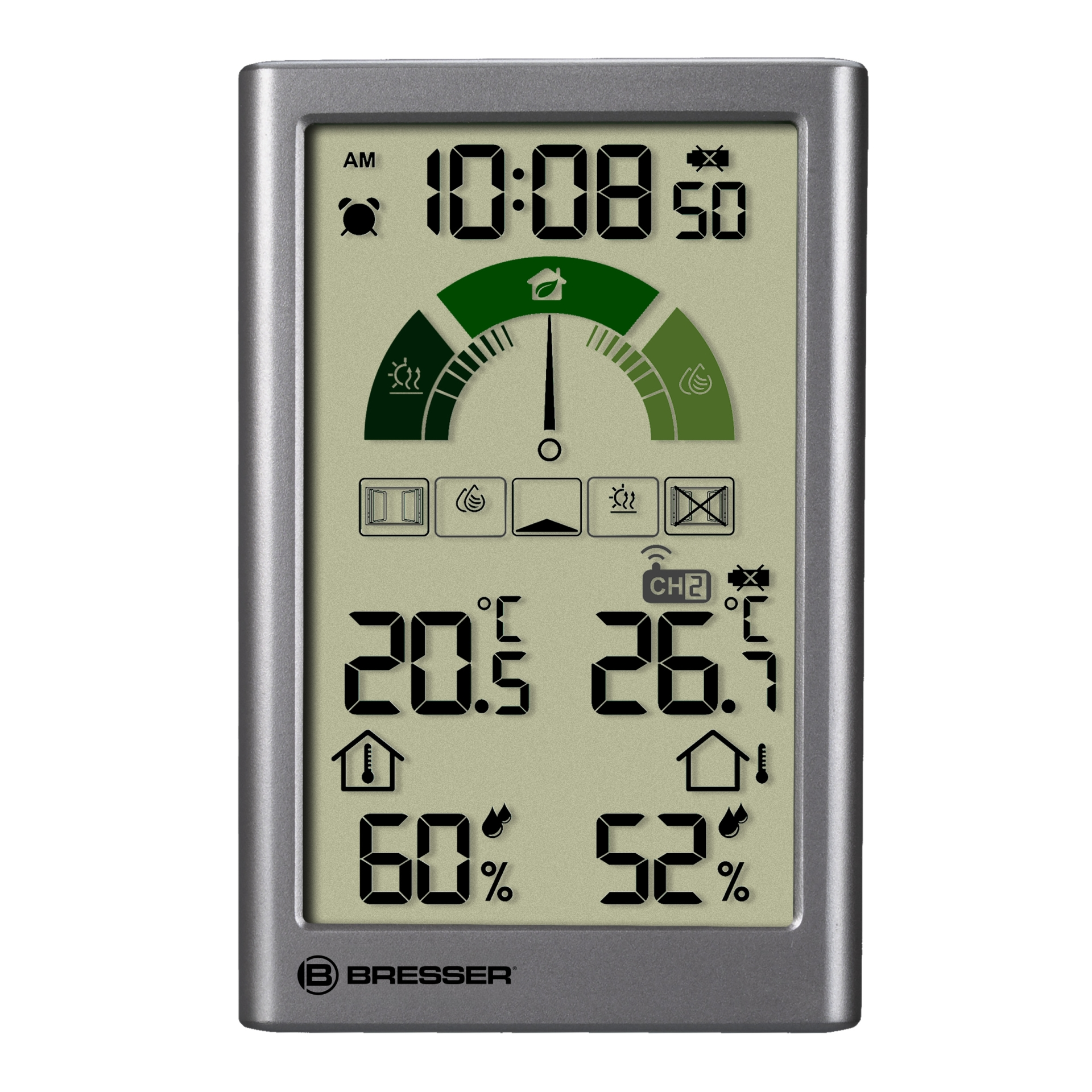 Eine silberne Digitaluhr mit Temperatur- und Feuchtigkeitsmesswerten auf grauer Oberfläche.