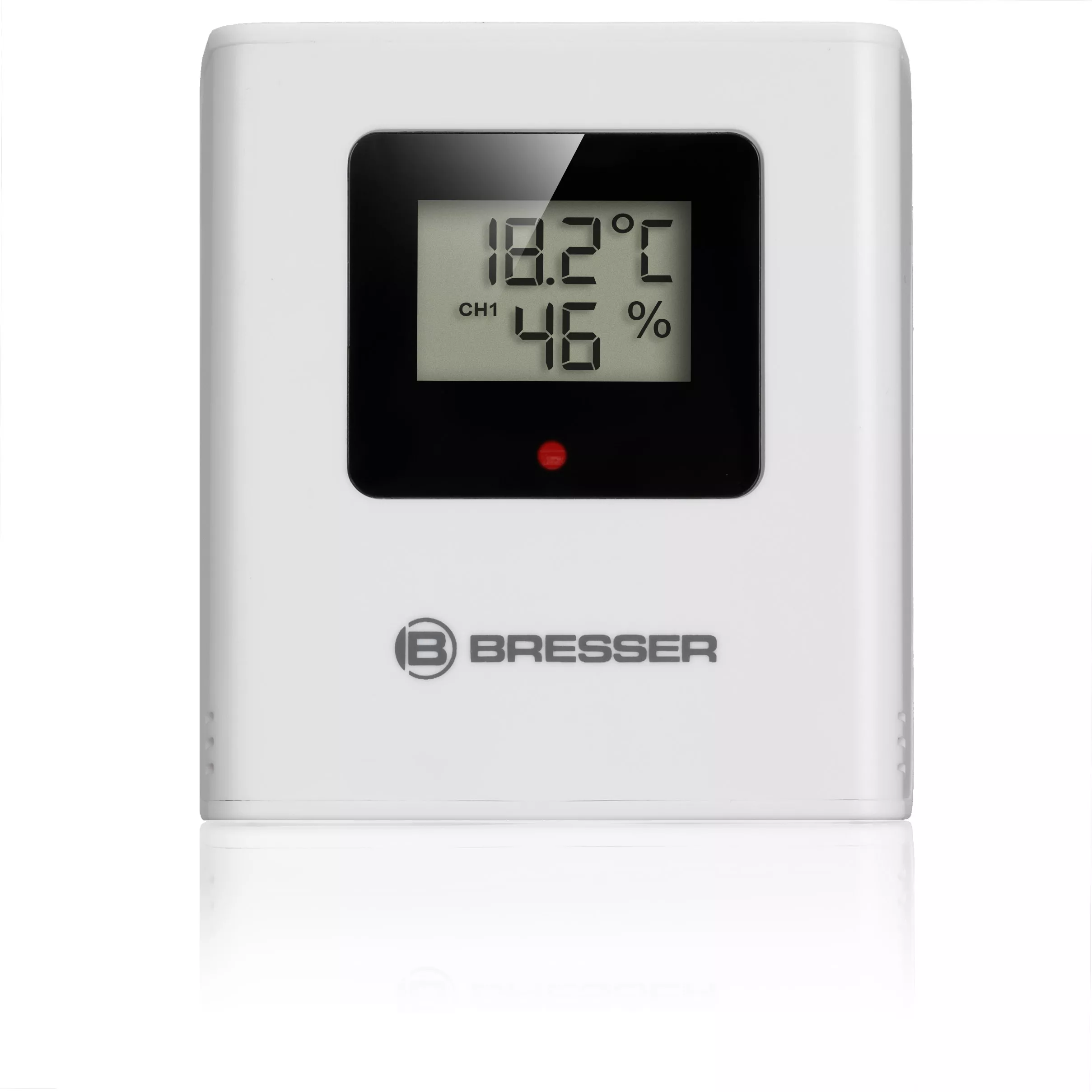Un termómetro digital blanco que muestra 18,2 grados Celsius y 46% de humedad.