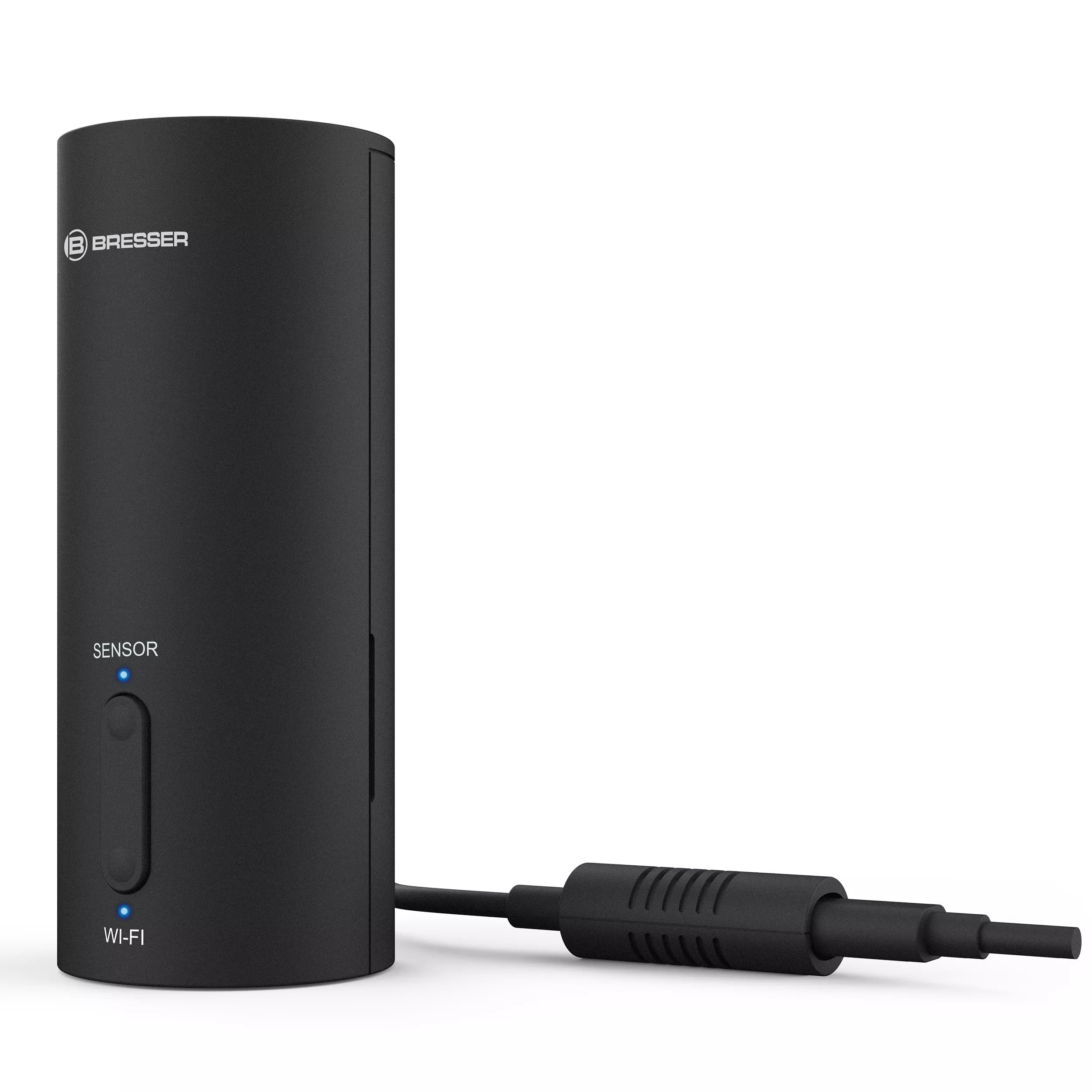 Un sensor negro con una luz azul y un cable.