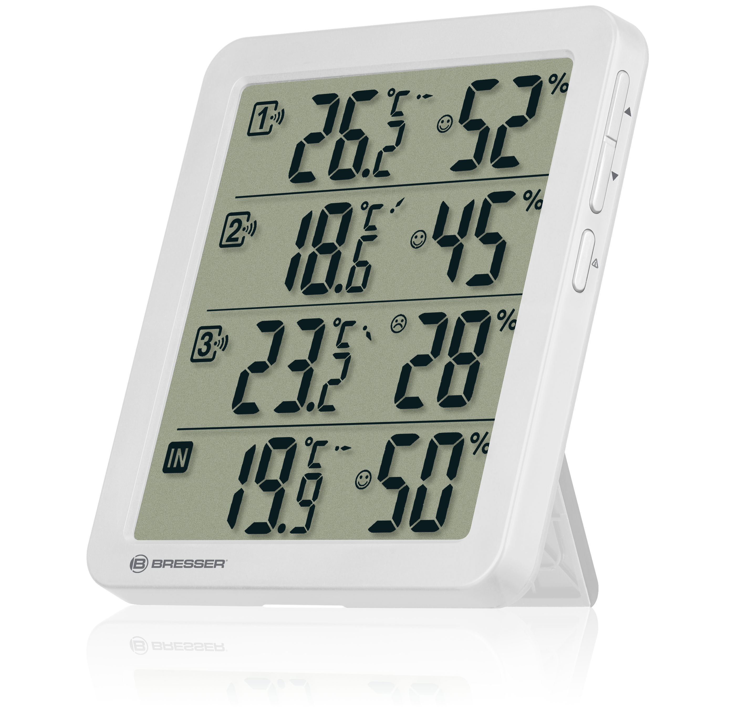 Un termómetro digital blanco que muestra múltiples lecturas de temperatura y humedad.