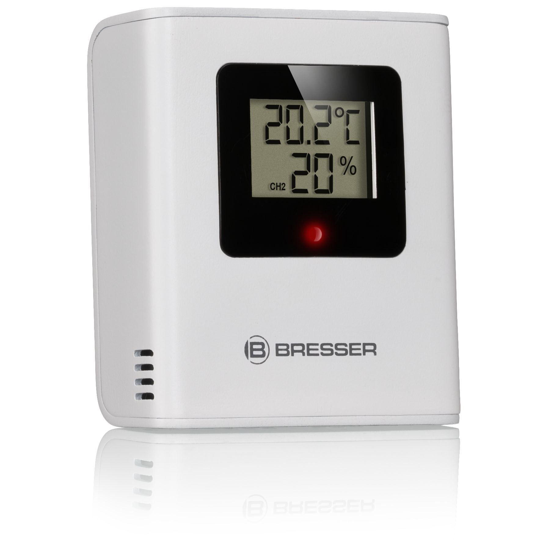 Termómetro digital blanco mostrando temperatura y porcentaje, con luz roja.