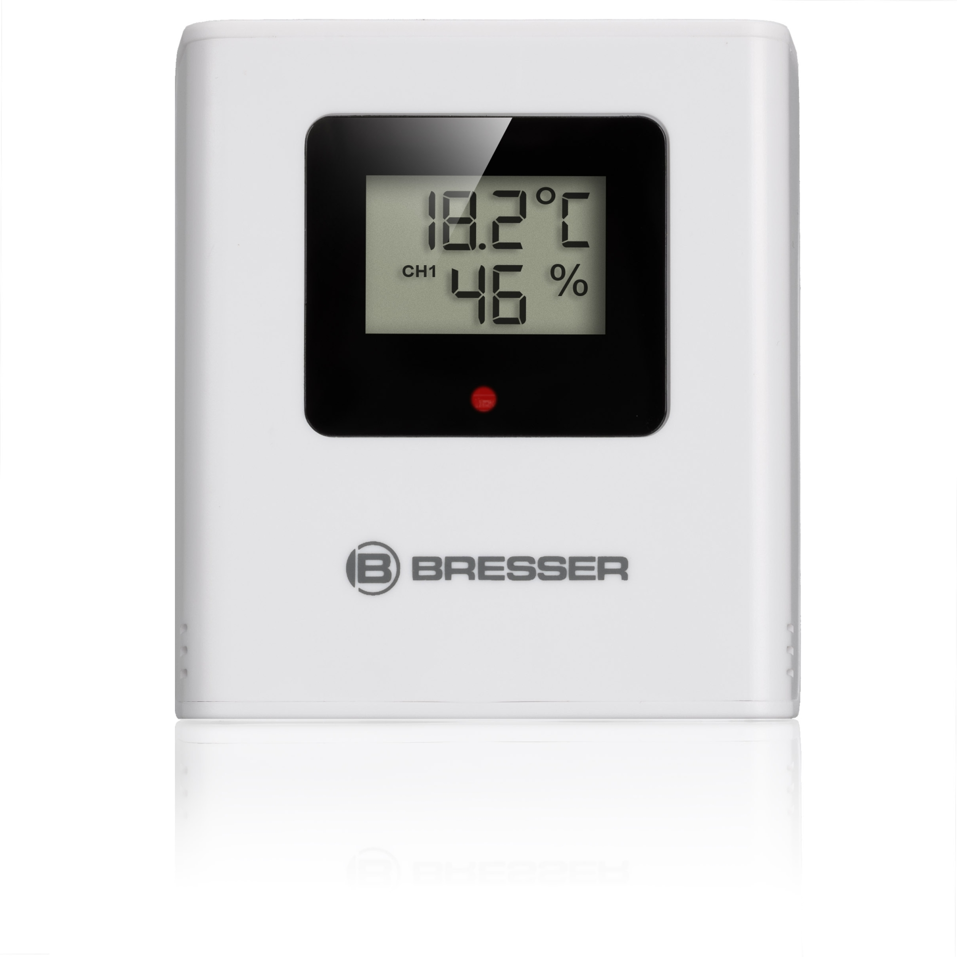 Pantalla digital blanca muestra temperatura y humedad.