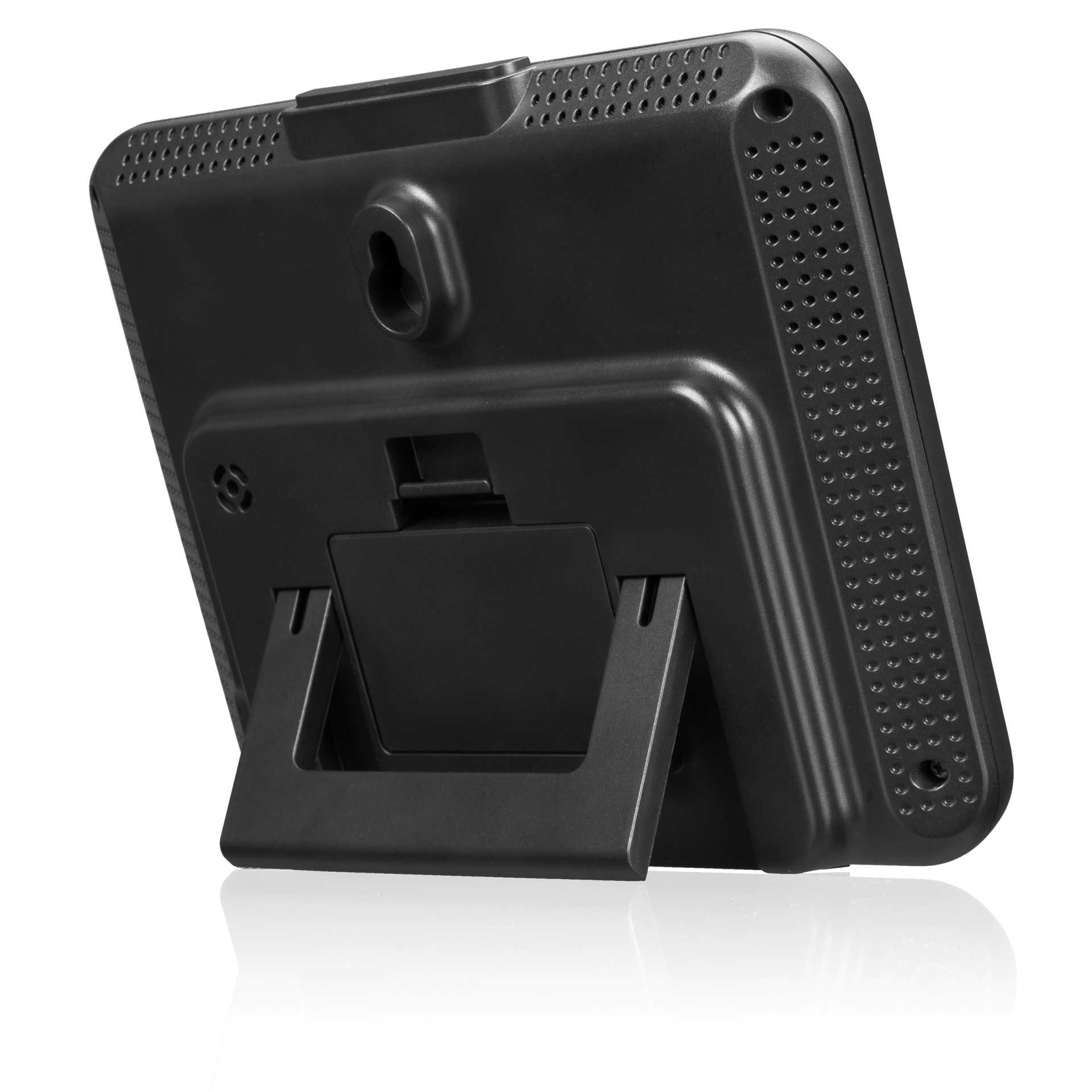 Dispositivo negro con soporte. Tiene pantalla y orificios de ventilación.