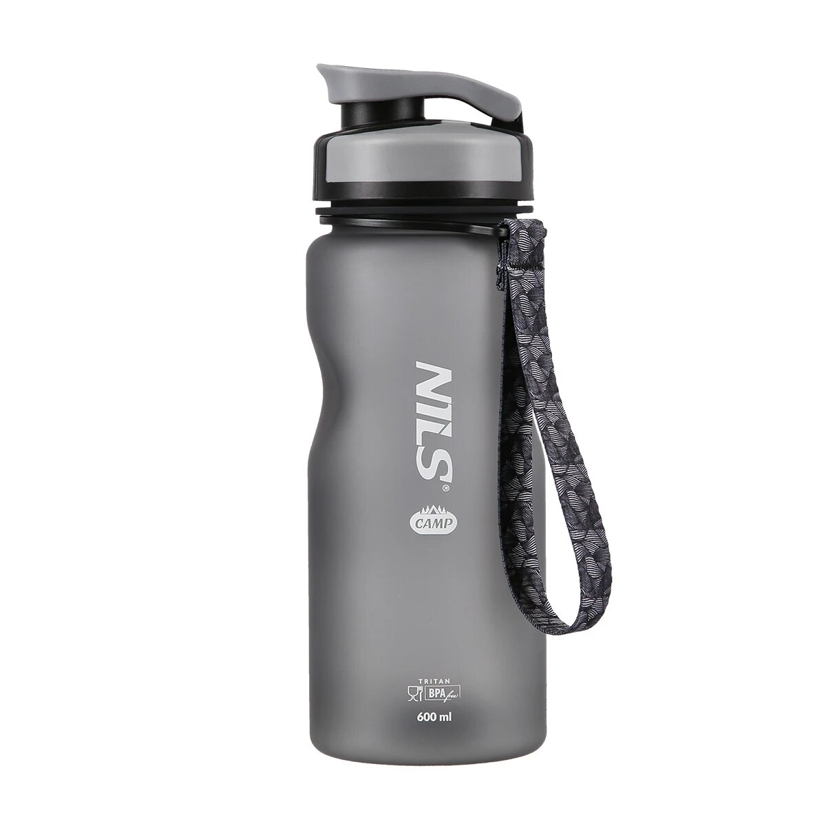 Graue Wasserflasche mit schwarzem Deckel und Riemen.