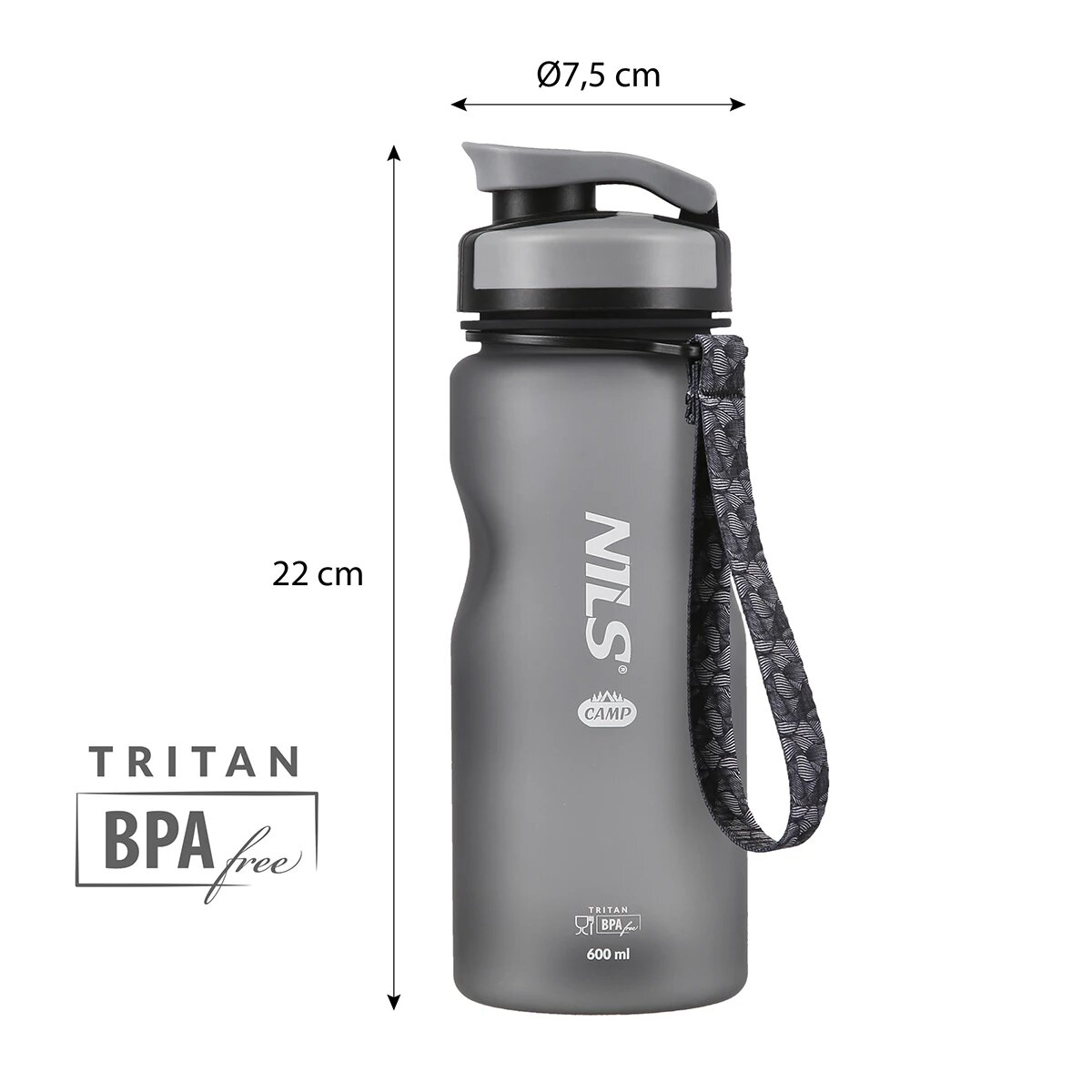 Graue Wasserflasche mit schwarzem Griff und schwarz-grauem Riemen.