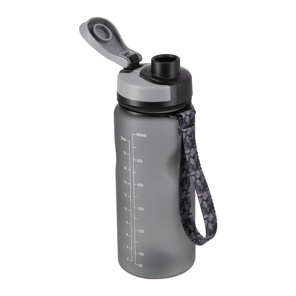 Graue Wasserflasche mit schwarzem Deckel, Messlinien und Riemen.