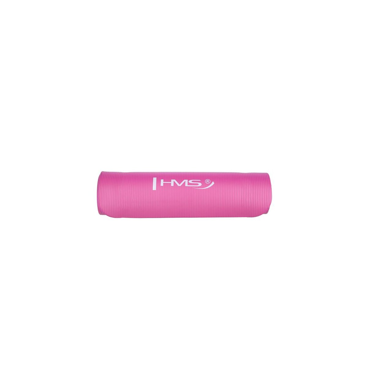 Eine zusammengerollte rosa Yogamatte mit dem HMS-Logo auf weißem Hintergrund.