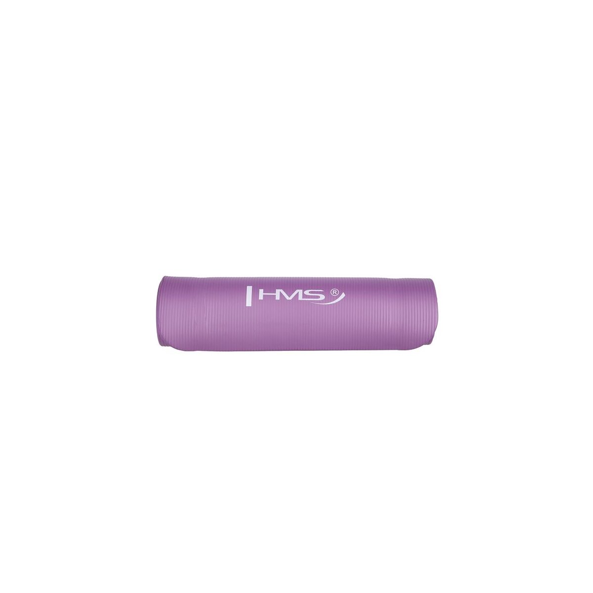 Eine aufgerollte, lila Yogamatte mit dem HMS-Logo auf weißem Hintergrund.
