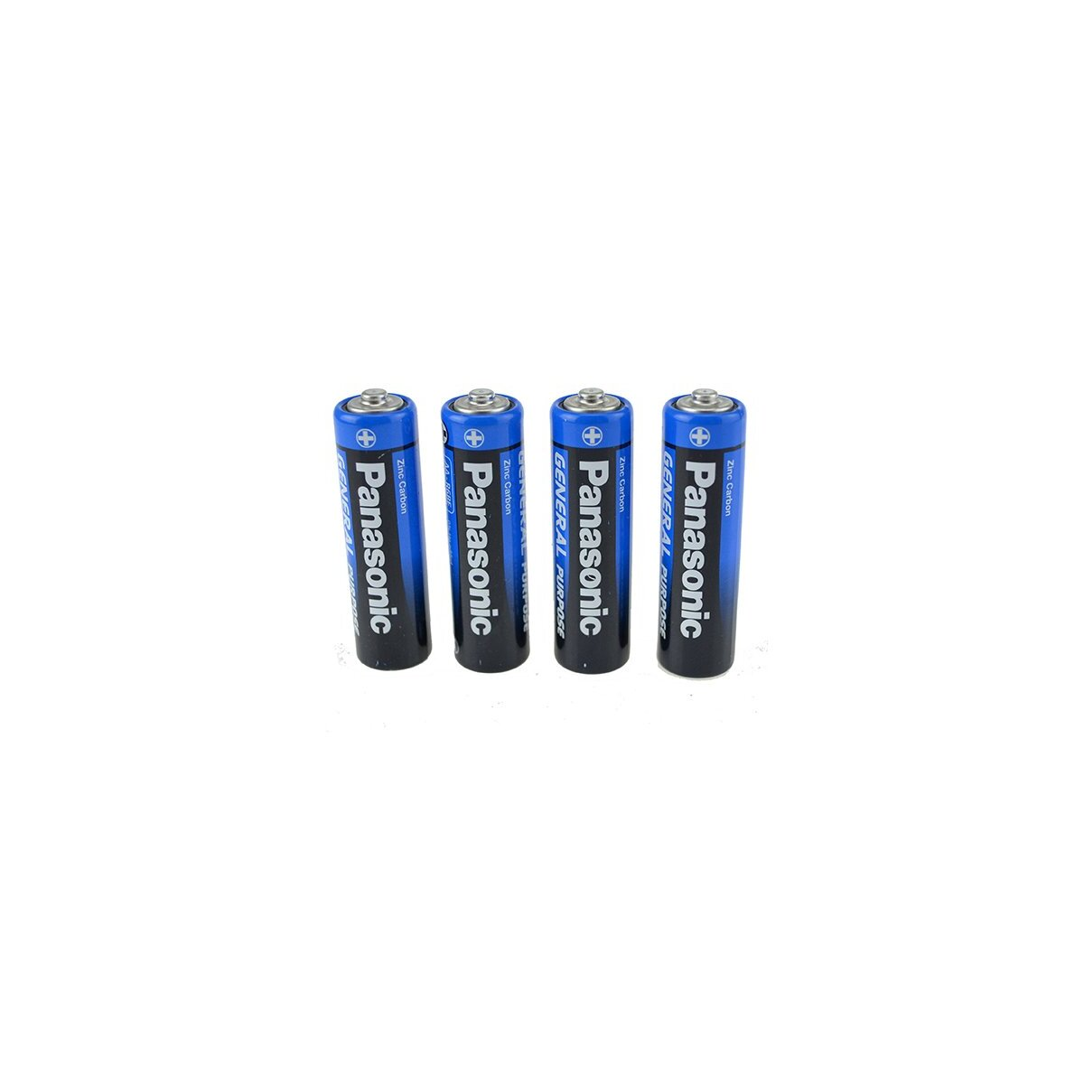 Vier Panasonic AA-Batterien auf weißem Hintergrund.