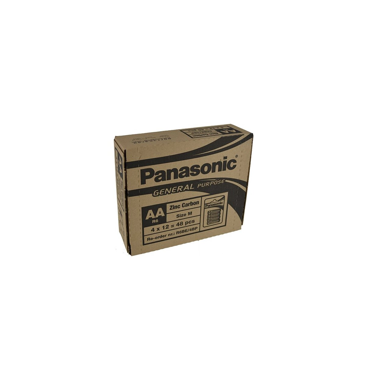 Ein rechteckiger Karton mit Panasonic AA-Batterien. Die Box ist braun mit schwarzem Text.