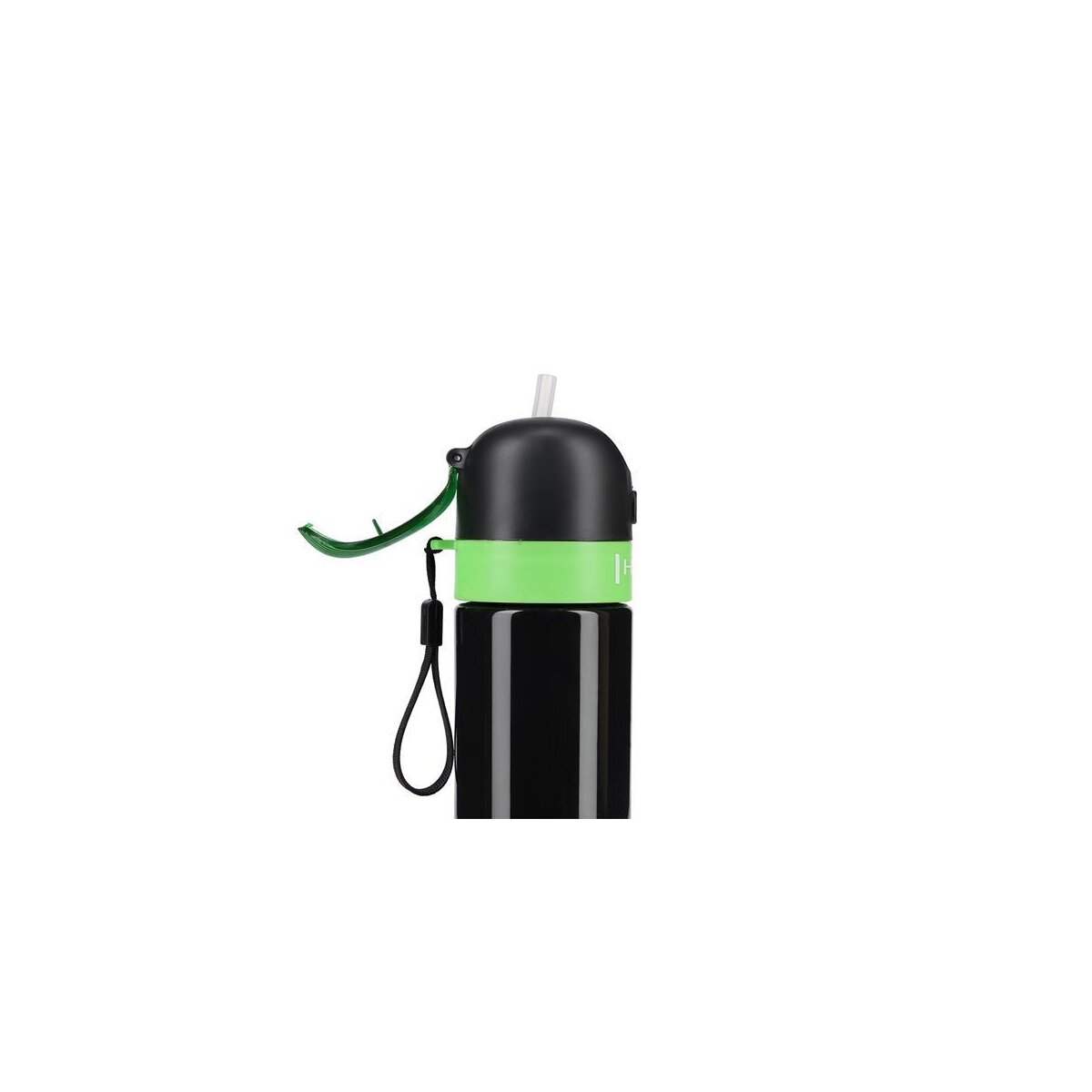 Schwarze und grüne Wasserflasche mit Strohhalm und Trageriemen.