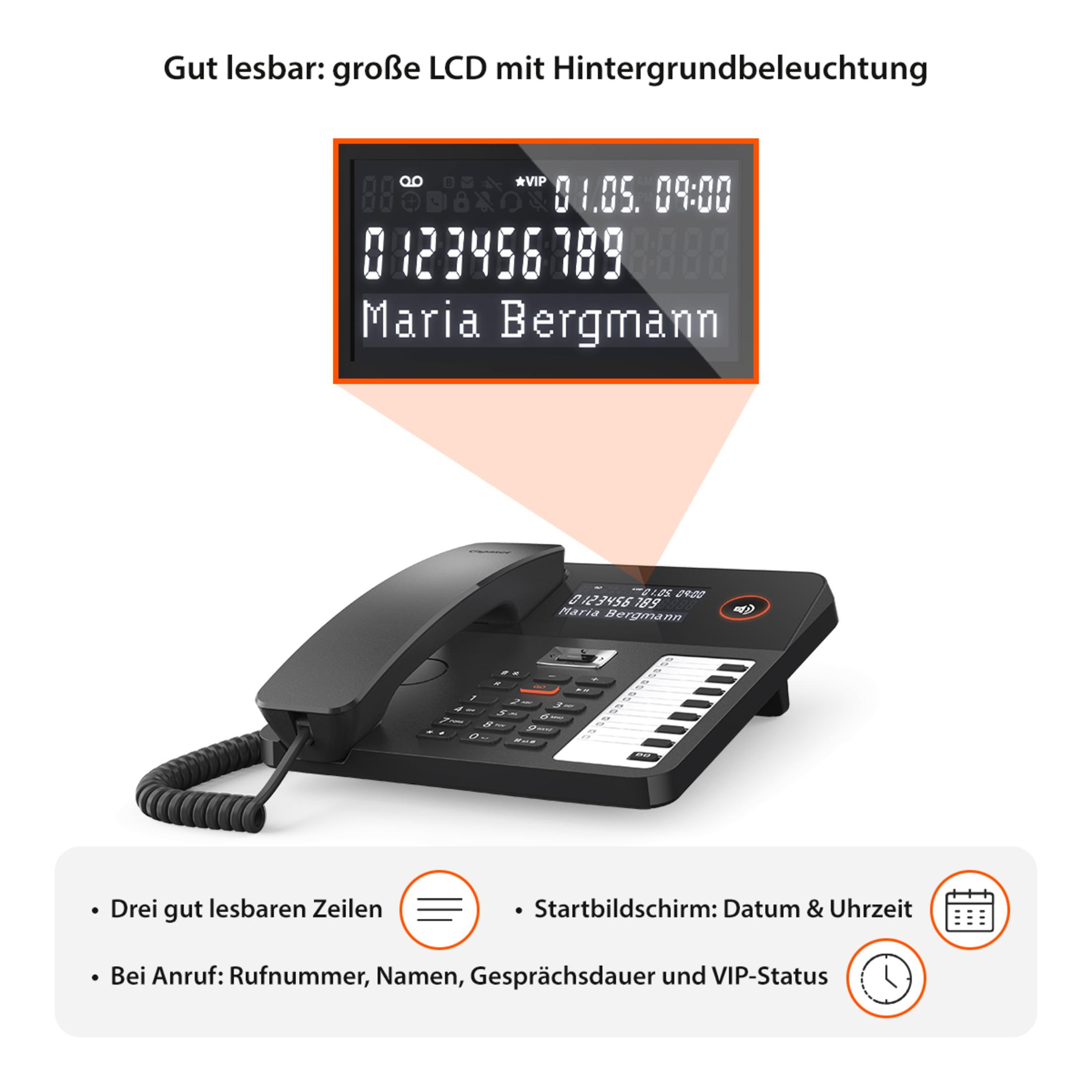 Zwarte vaste telefoon met een beeldscherm waarop tijd en datum worden weergegeven. Witte achtergrond.