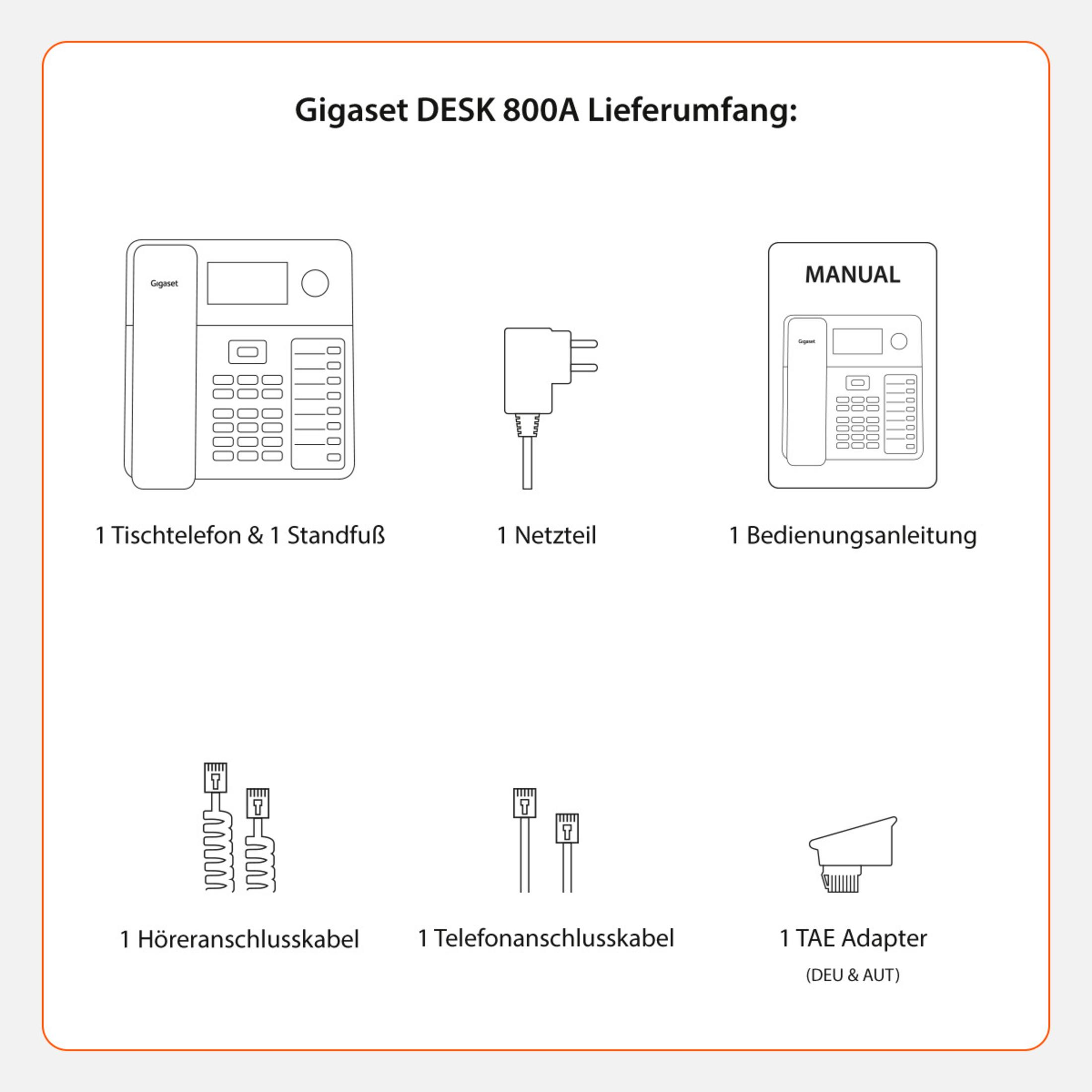 Diagram met een Gigaset-telefoon, voedingsadapter, handleiding en kabels.