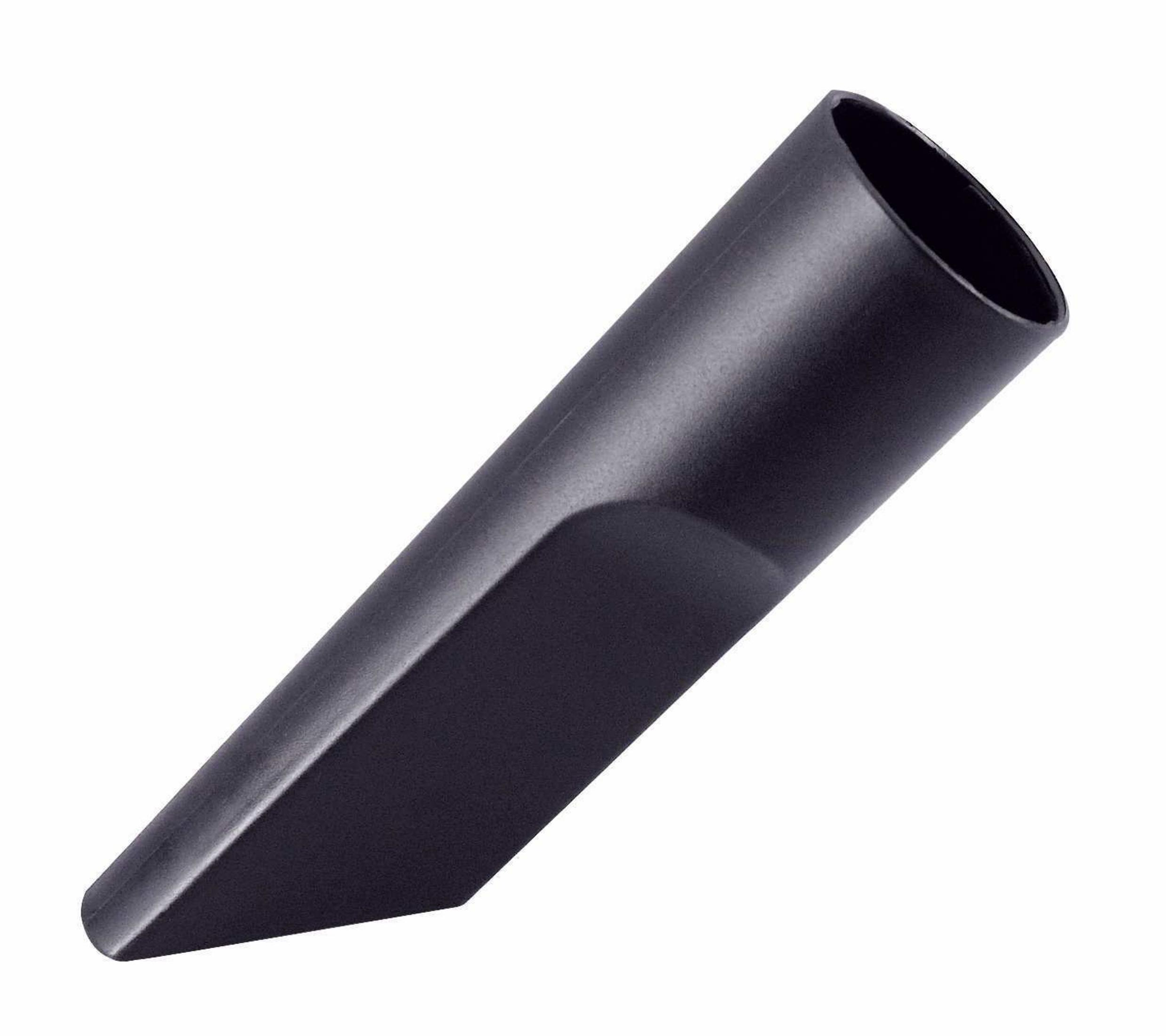 Czarna dysza do odkurzacza. Pochyła konstrukcja, z płaską krawędzią. Białe tło.