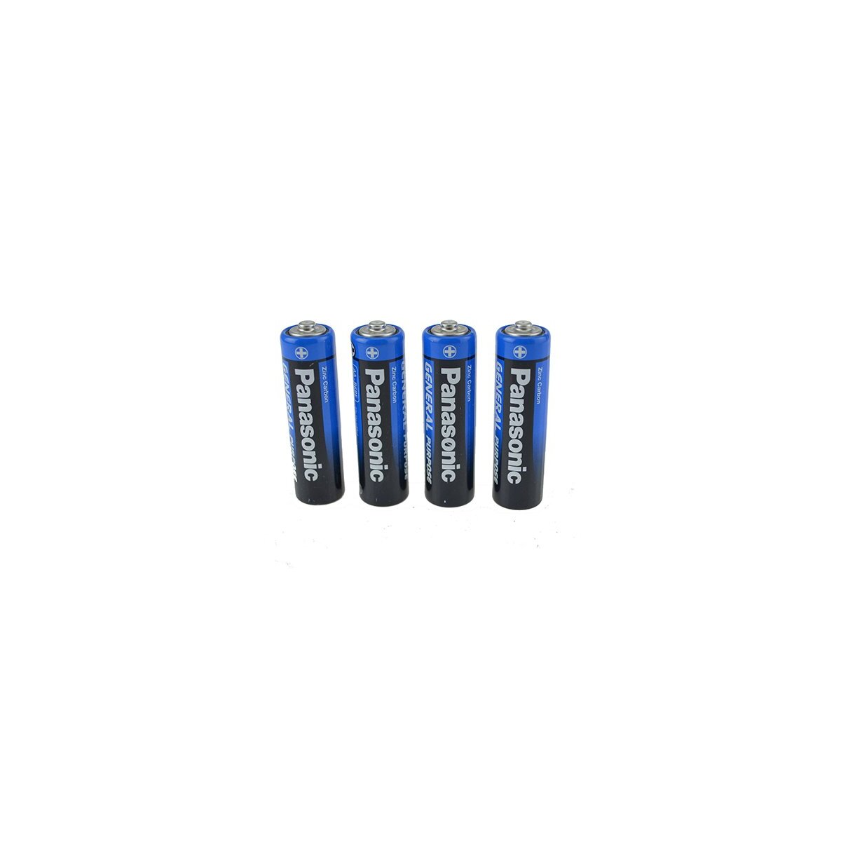 Vier Panasonic AA-Batterien, blau und schwarz, sind in einer Reihe angeordnet.