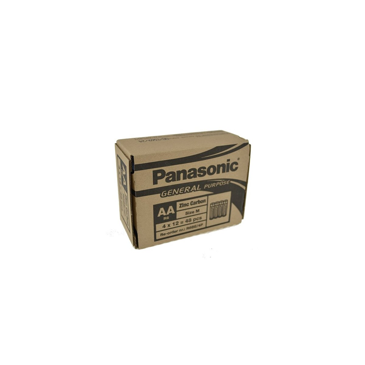 Kartonverpackung mit Panasonic AA Batterien. Die Box hat Text und eine Grafik der Batterien.