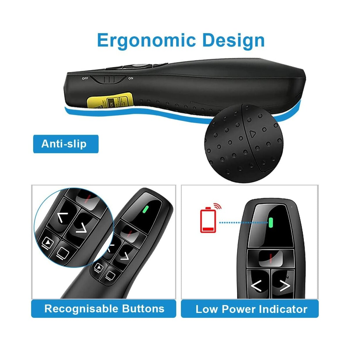 Fernbedienung mit Knöpfen, ergonomisches Design und Batteriestandsanzeige auf Weiß.