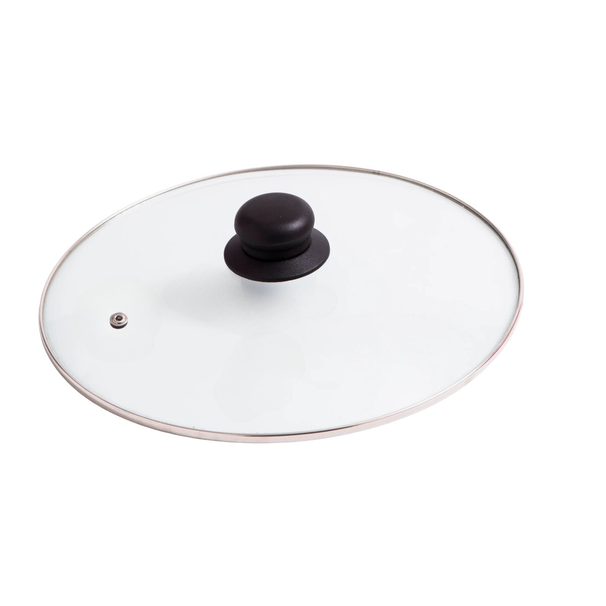 Ovaler Glasdeckel mit schwarzem Knauf und silbernem Rand. Isoliert auf weißem Hintergrund.