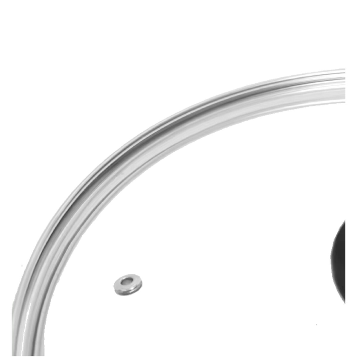 Glasdeckel mit Metallrand und kleinem Metallteil auf weißem Hintergrund.