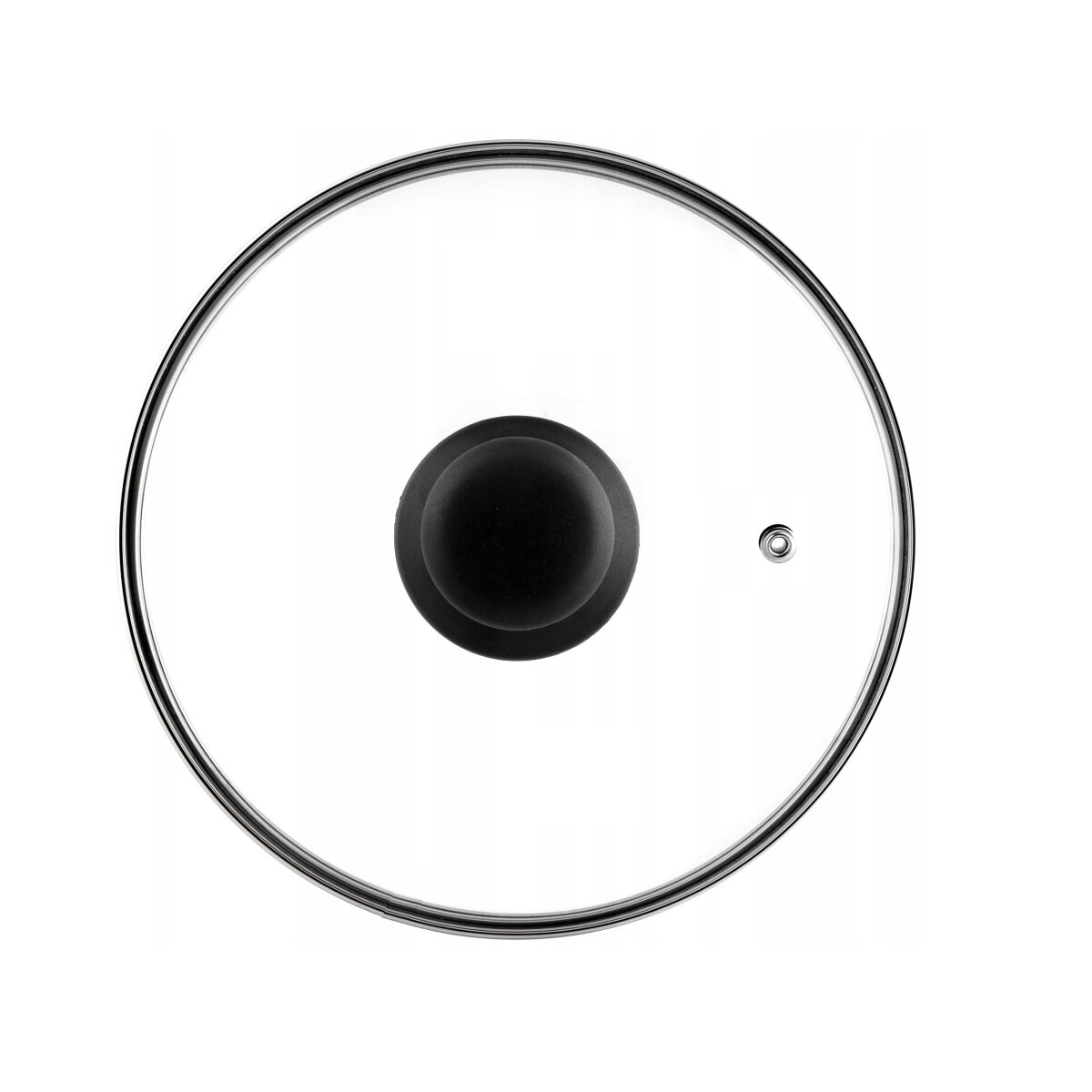 Ein klarer Glasdeckel mit schwarzem Knauf. Der Deckel hat einen silbernen Rand und liegt auf weißem Grund.