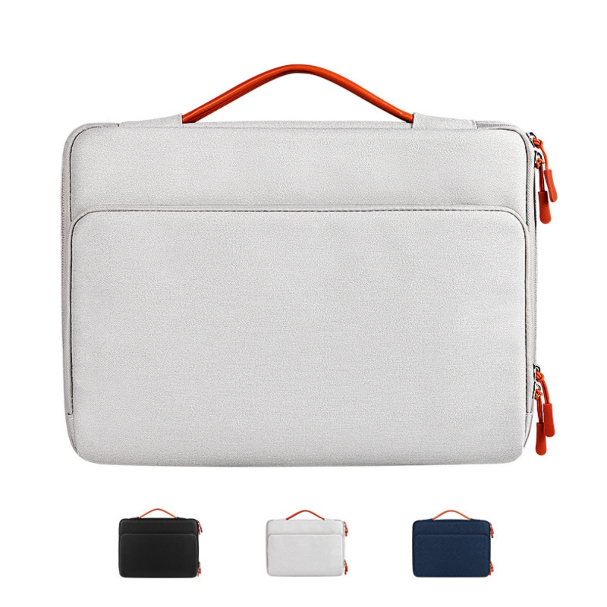 Graue Laptoptasche mit orangefarbenem Griff und Reißverschlüssen. Drei weitere Farben sind unten gezeigt.