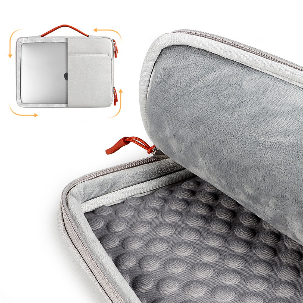Graue Laptop-Hülle mit rotem Griff, geöffnet, um das Innere mit Laptop und Tasche zu zeigen.