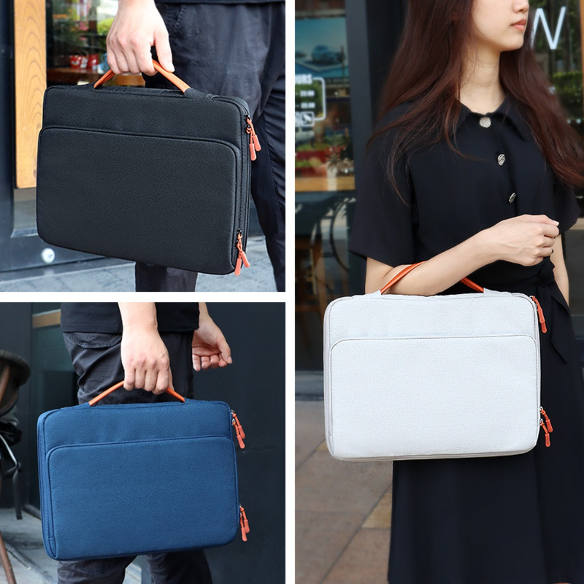 Collage von Personen, die Laptoptaschen in verschiedenen Farben tragen: schwarz, blau und weiß. Orange Reißverschlüsse und Griffe.