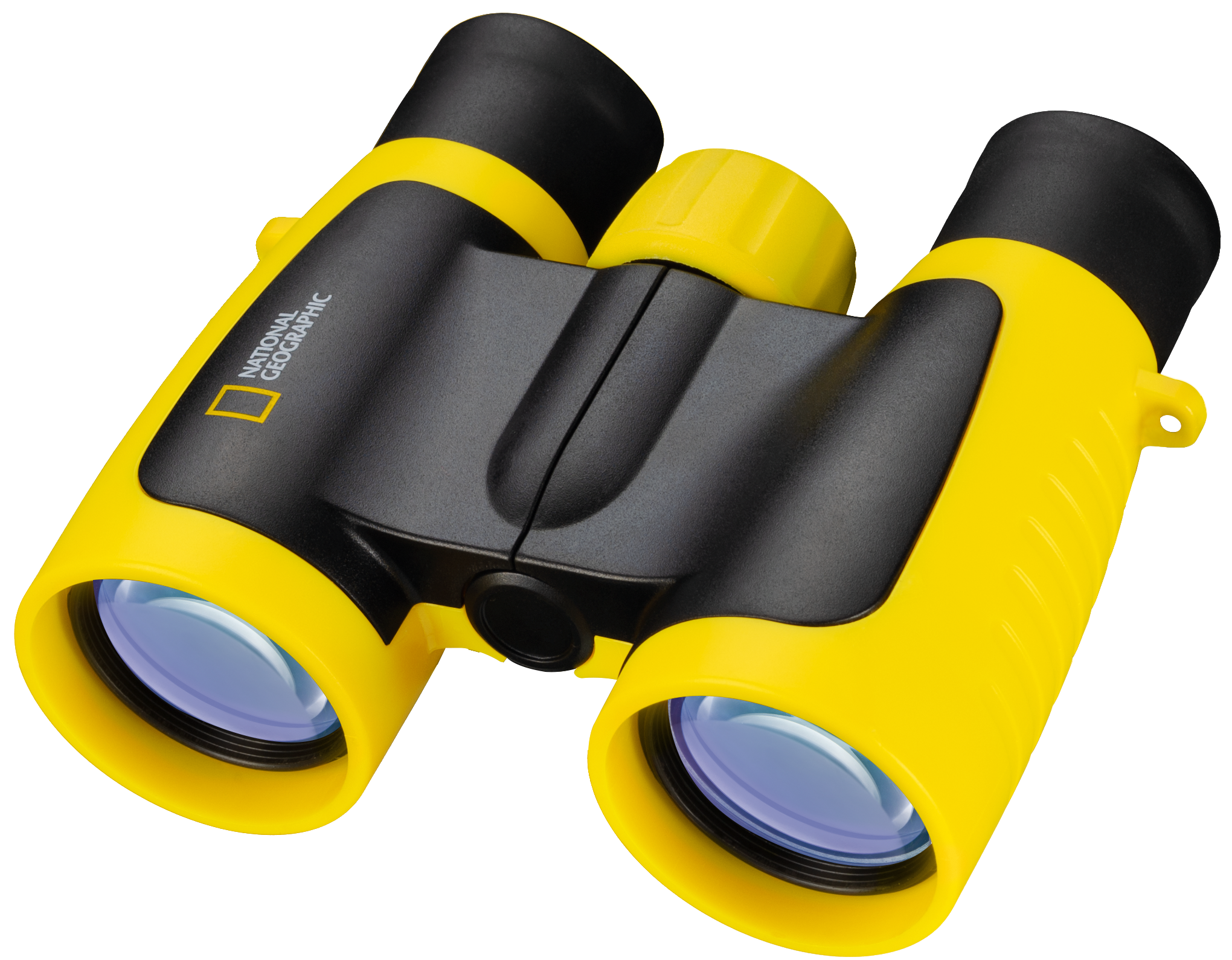 Binocolo giallo e nero con logo National Geographic. Le lenti sono blu.