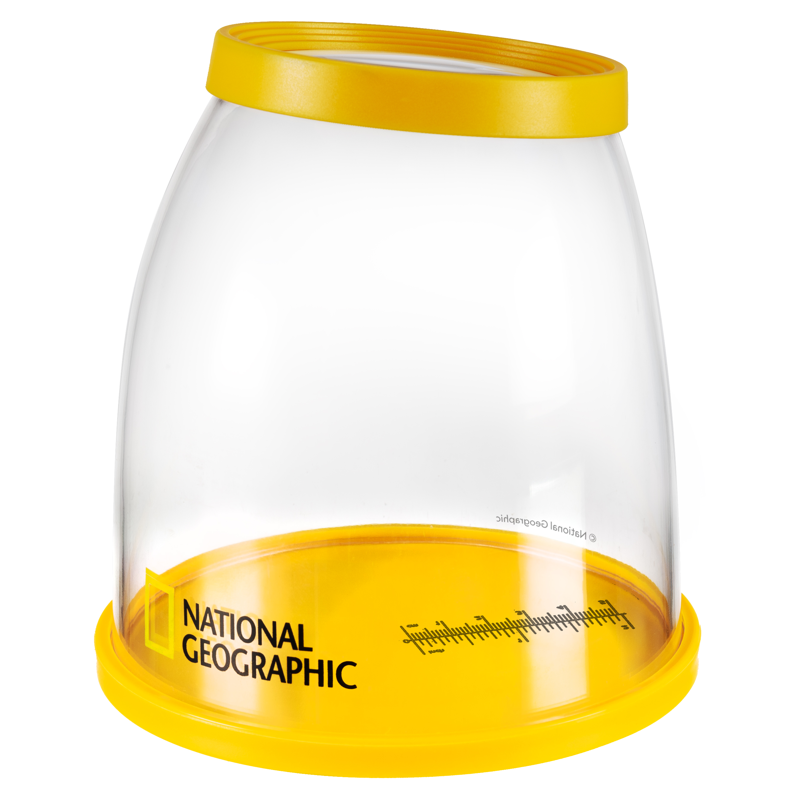 Visualizzatore di insetti in plastica gialla e trasparente con lente d'ingrandimento e etichetta National Geographic.