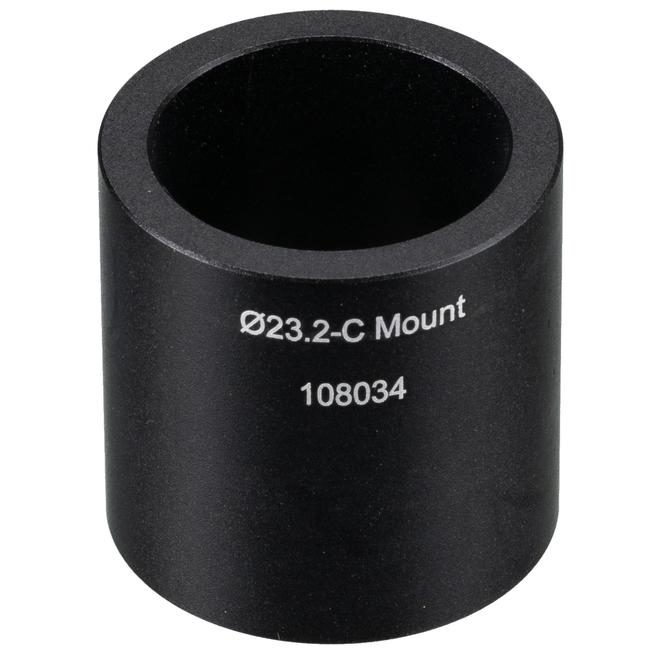 Un cilindro de metal negro con texto: Ø23.2-C Mount 108034.