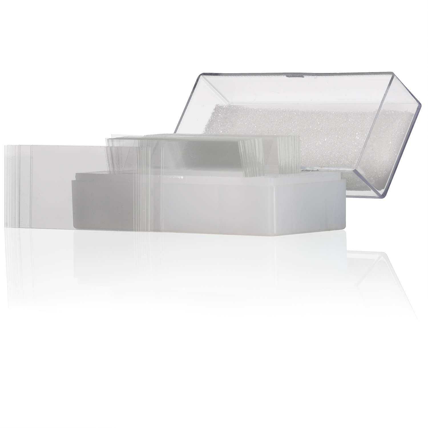 Portaobjetos de microscopio en un recipiente de plástico transparente, con portaobjetos y una caja sobre fondo blanco.