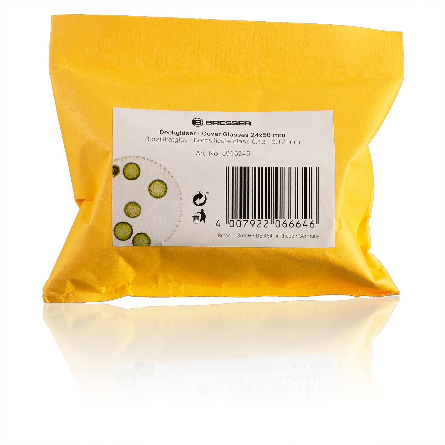 Un paquete amarillo con una etiqueta para cubiertas Bresser Deckgläser.